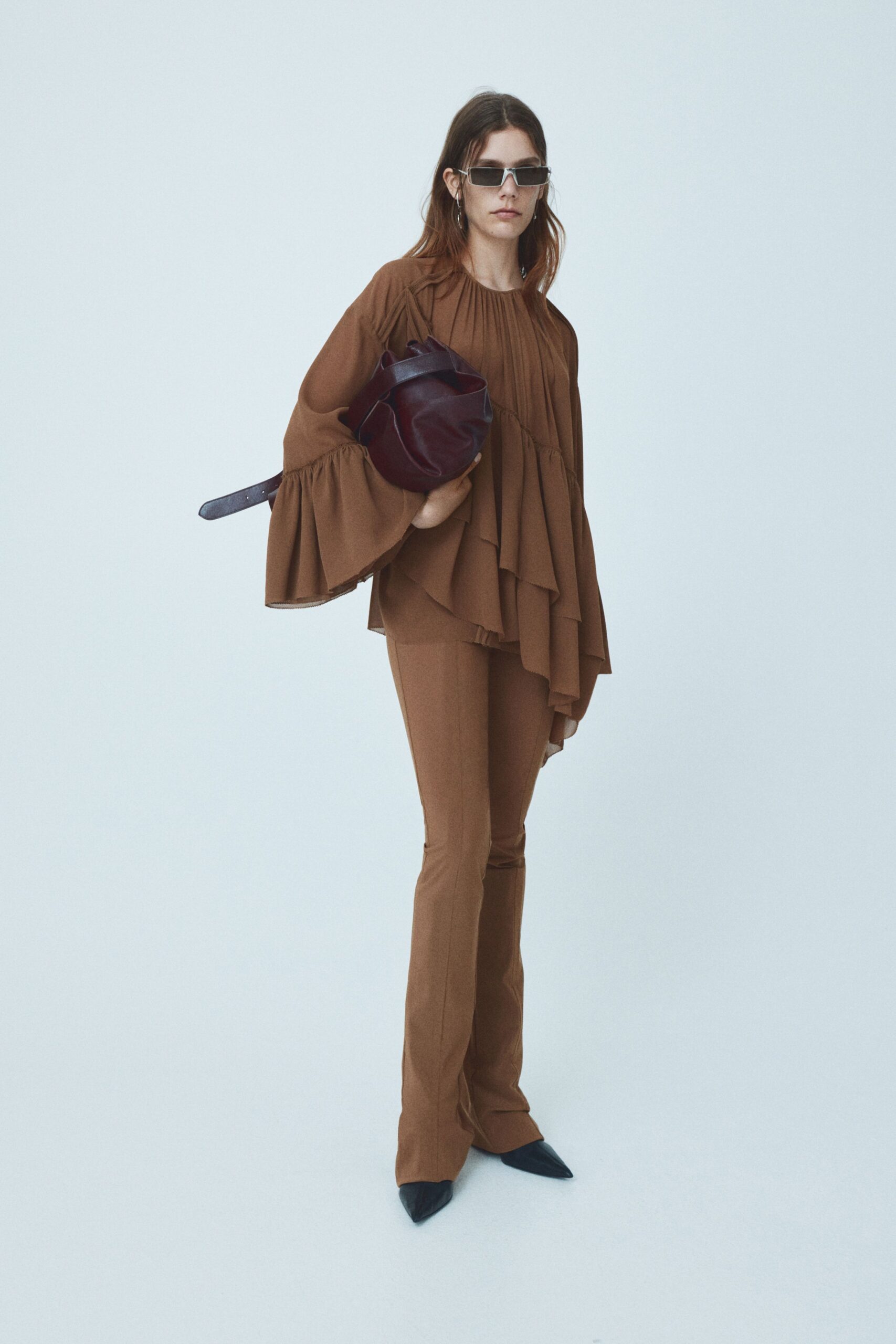 brown cotton fitted flared pants