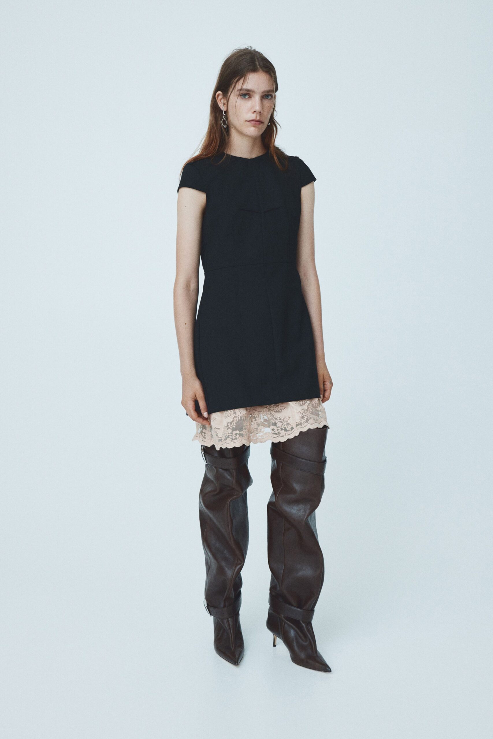 black cotton short-sleeve collared fitted pleated mini dress