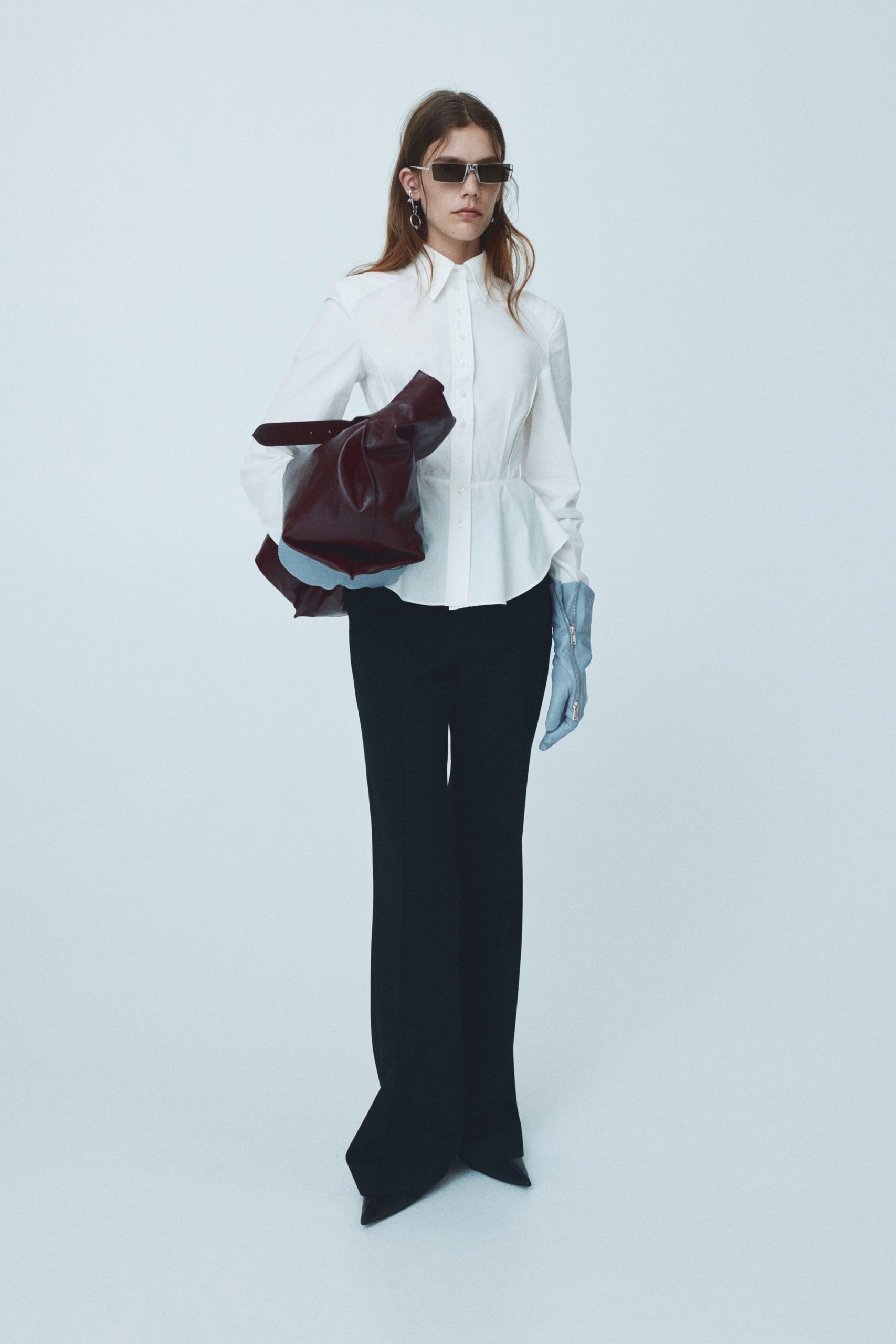 white cotton long-sleeve collared fitted flared shirt