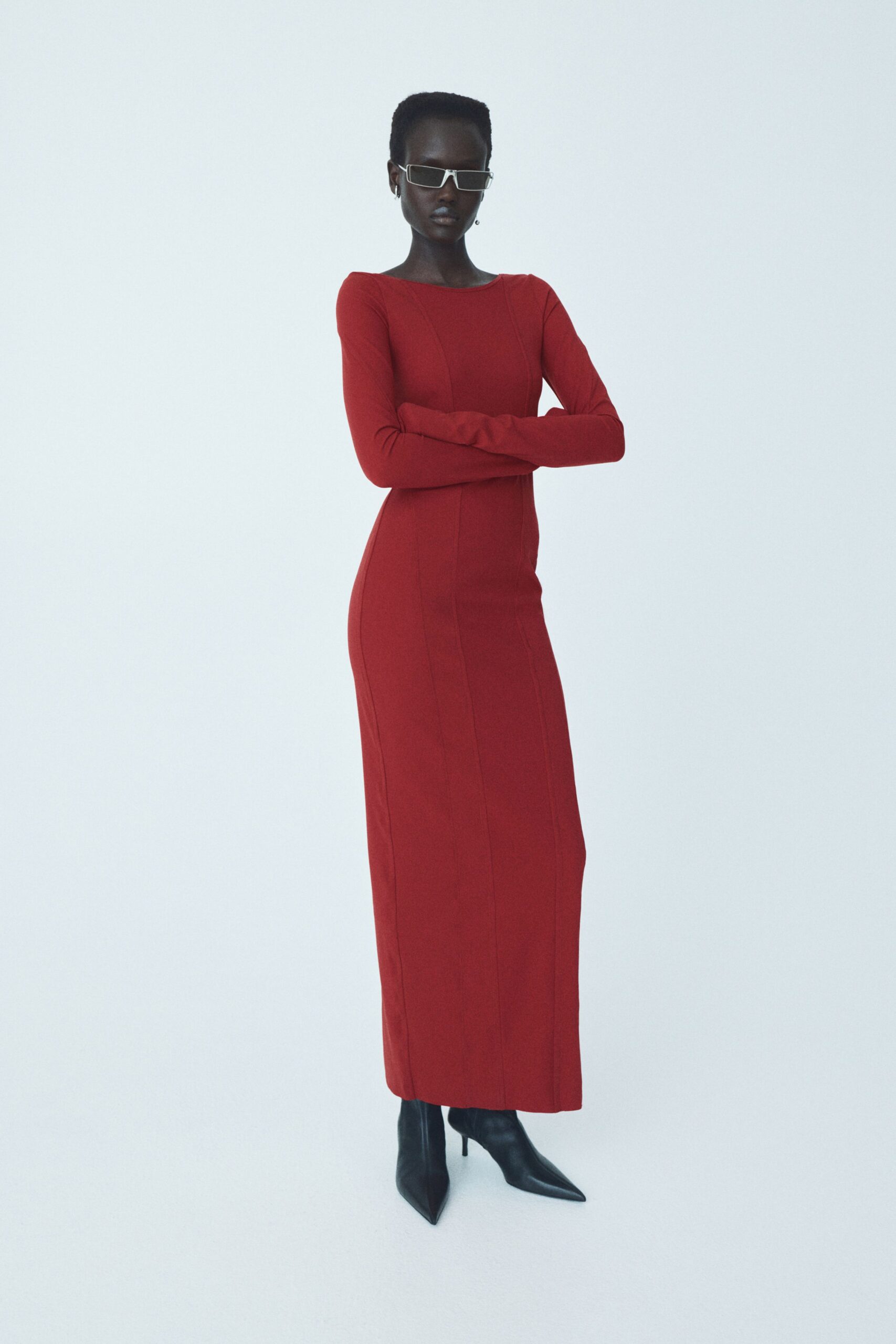 red cotton long-sleeve square-neck fitted straight-leg maxi gown
