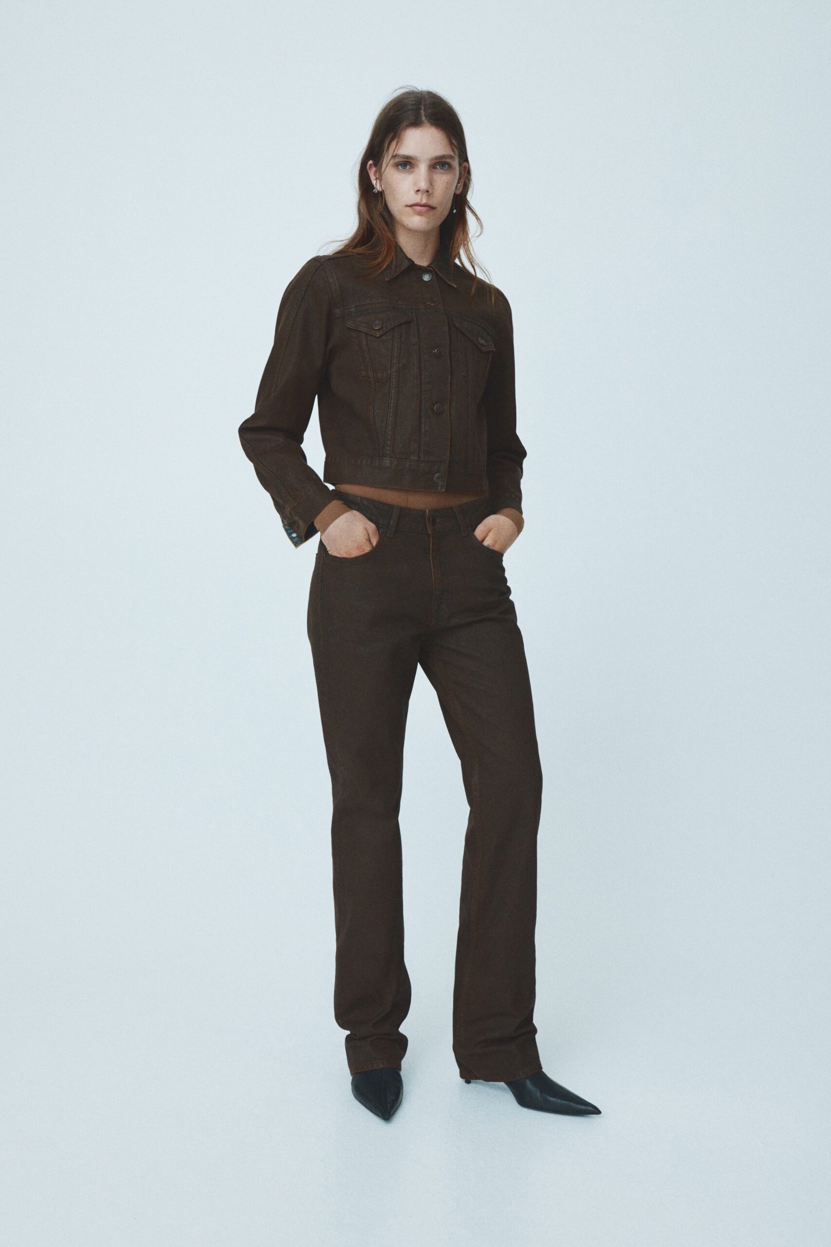 brown denim long-sleeve collared fitted cropped jacket