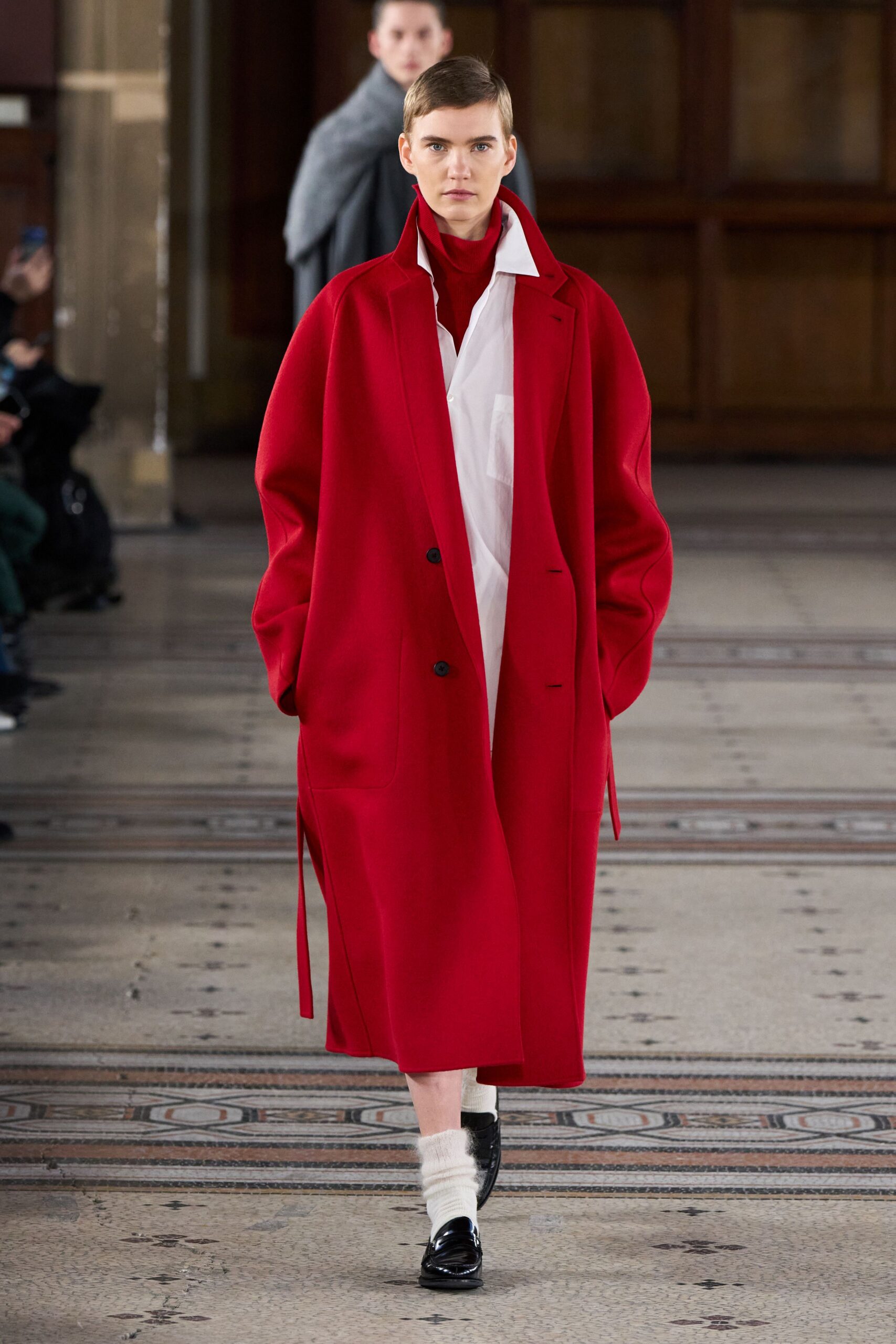red wool long-sleeve collared oversized buttoned coat