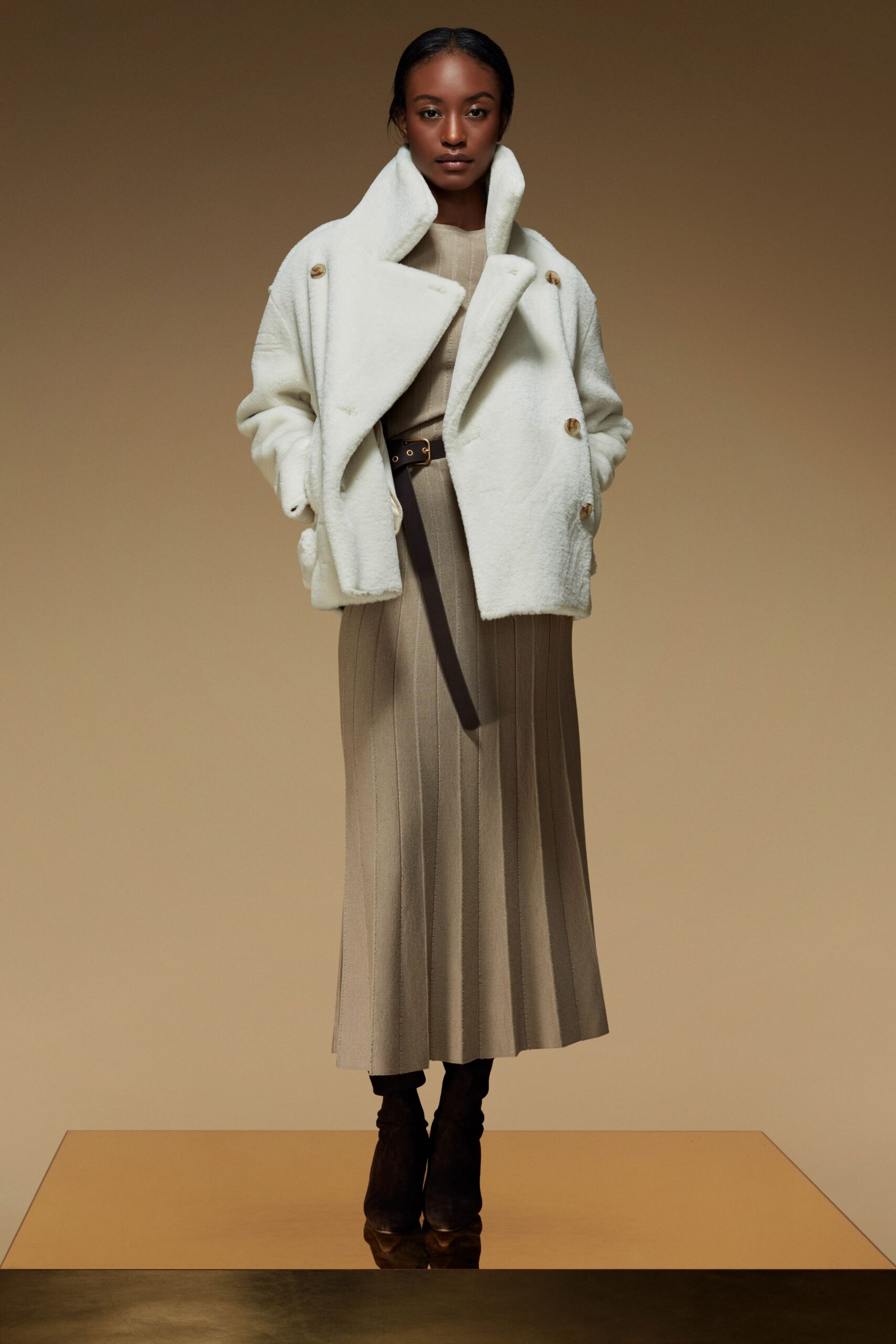 beige knit long-sleeve high-neck fitted pleated midi dress