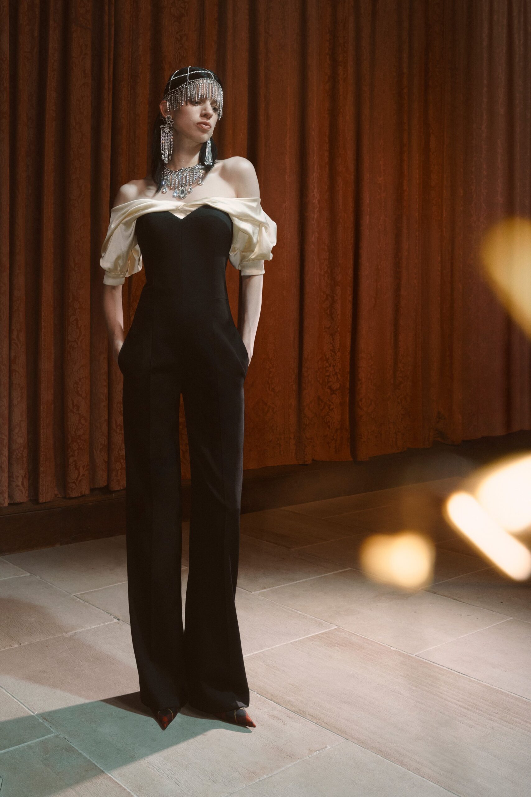 black and white off-shoulder jumpsuit