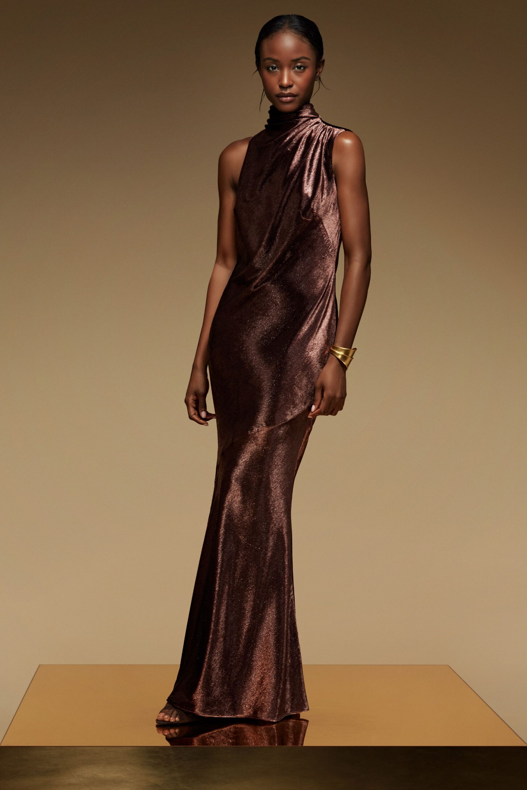brown metallic sleeveless high-neck fitted draped shiny gown