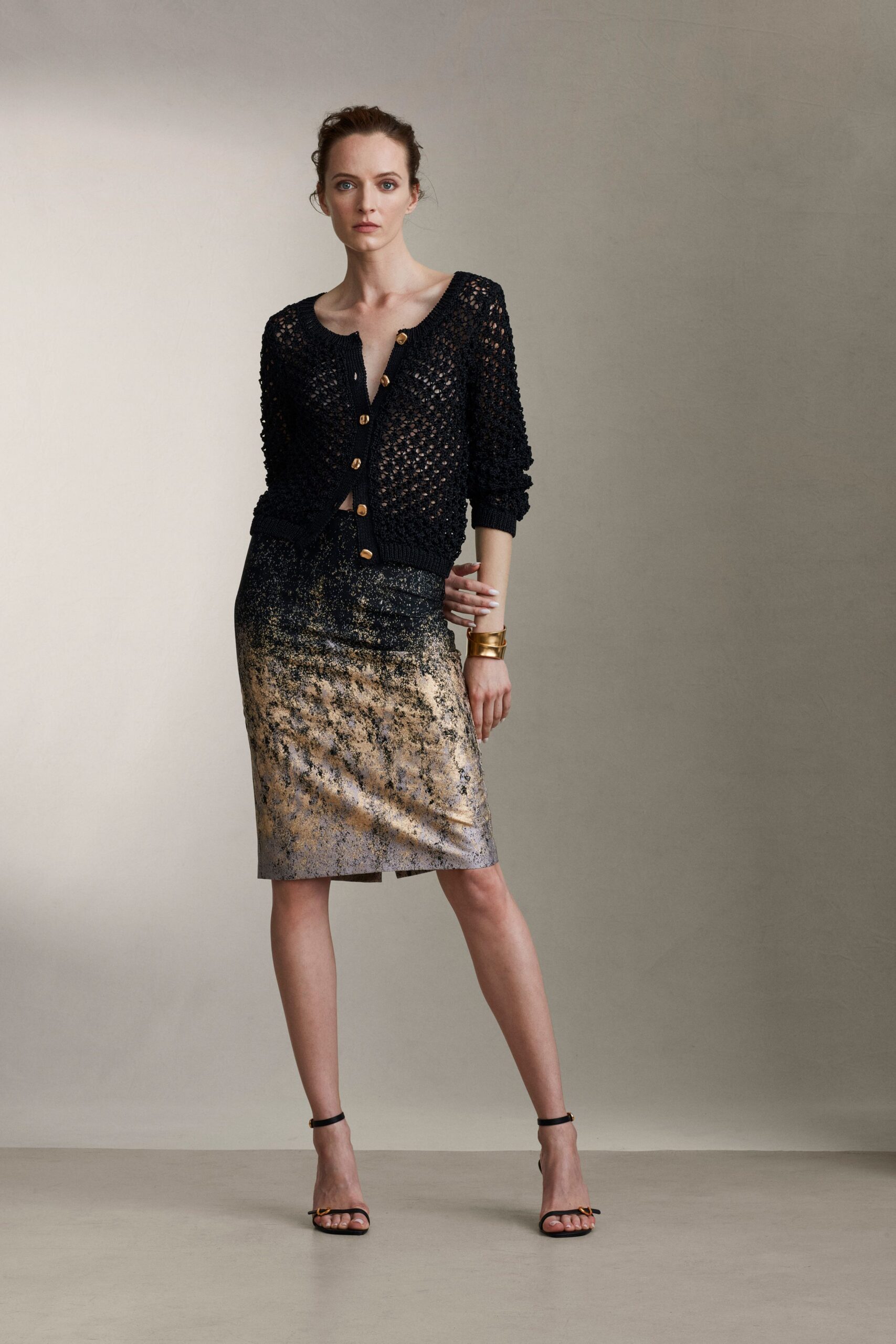 black knitted cardigan gold pencil skirt