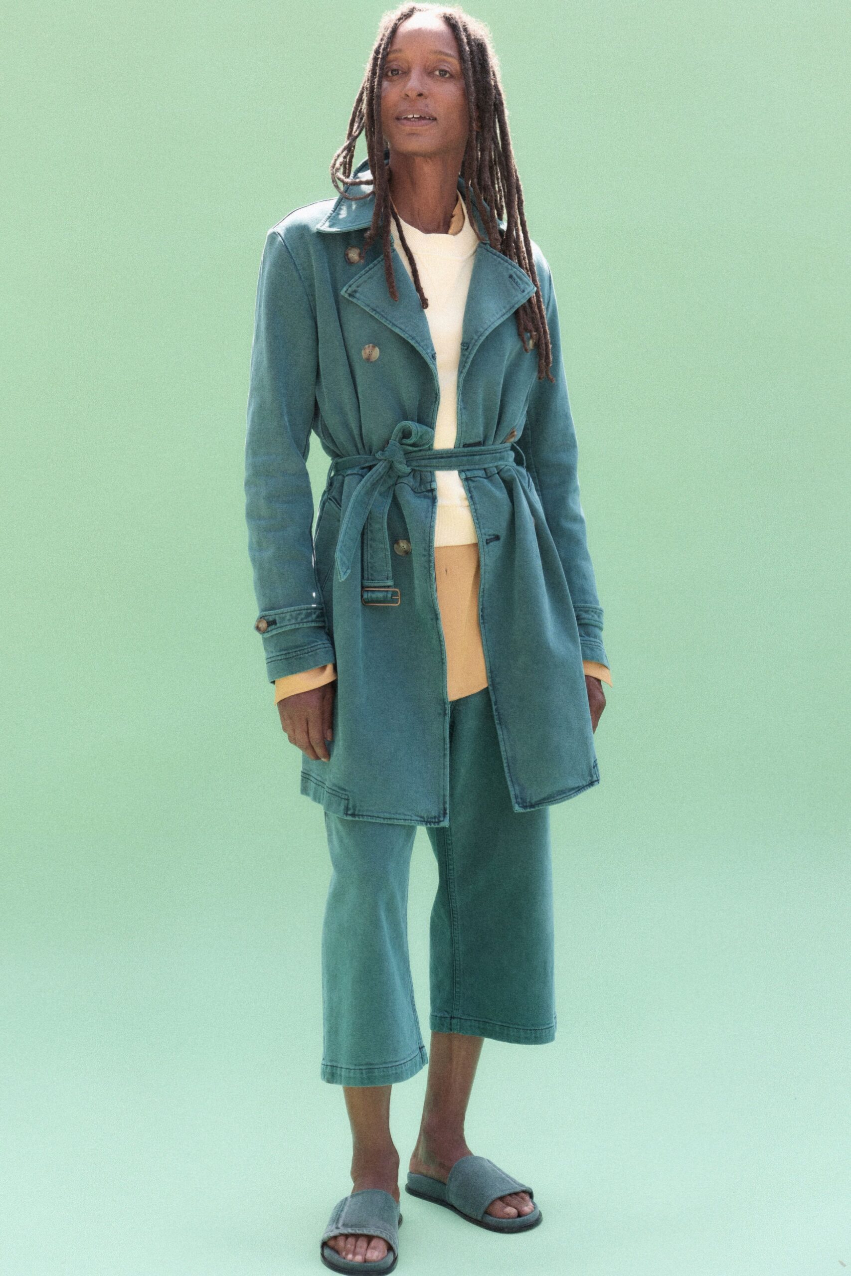 teal denim long-sleeve collared relaxed belted coat
