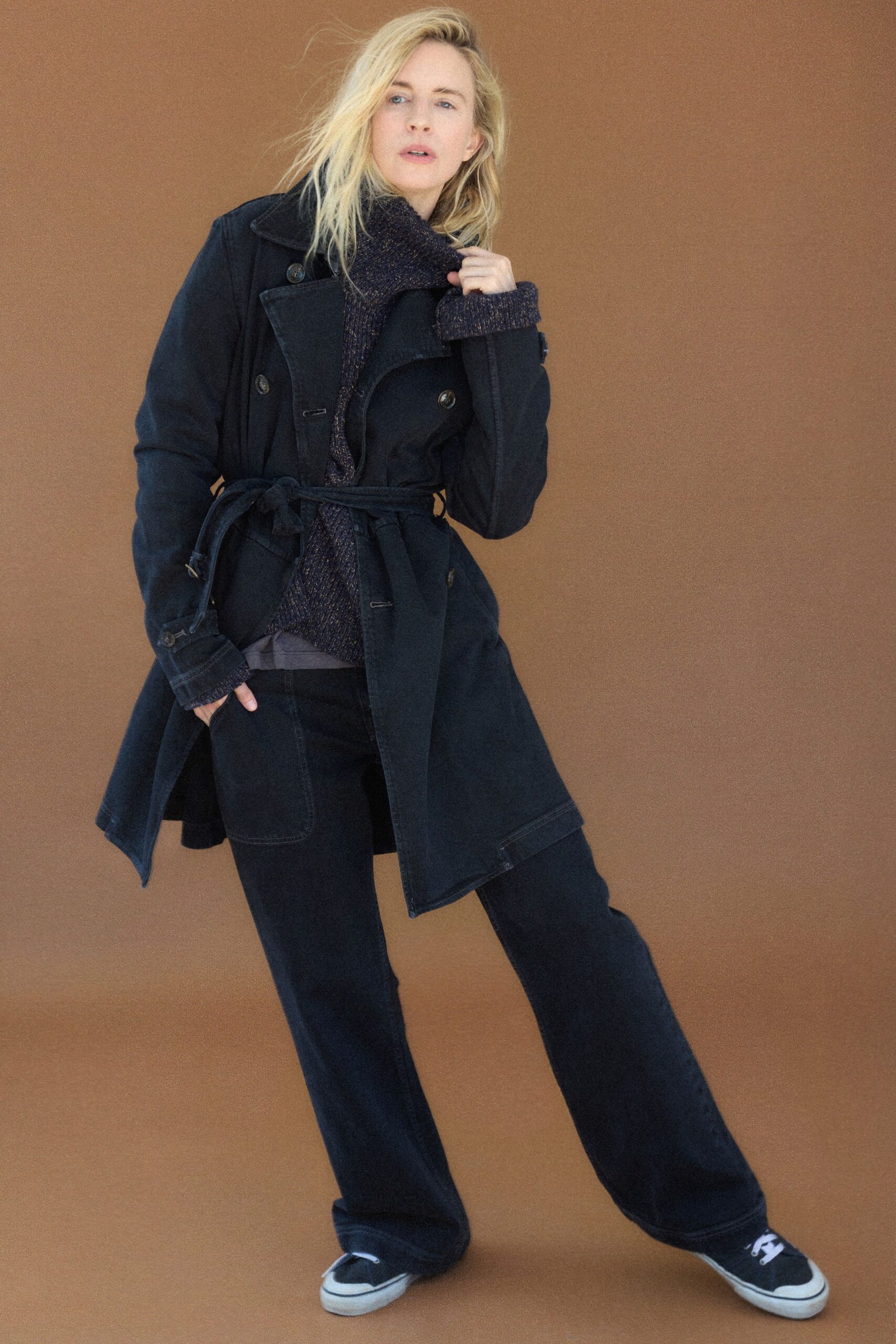 black denim coat with gray sweater
