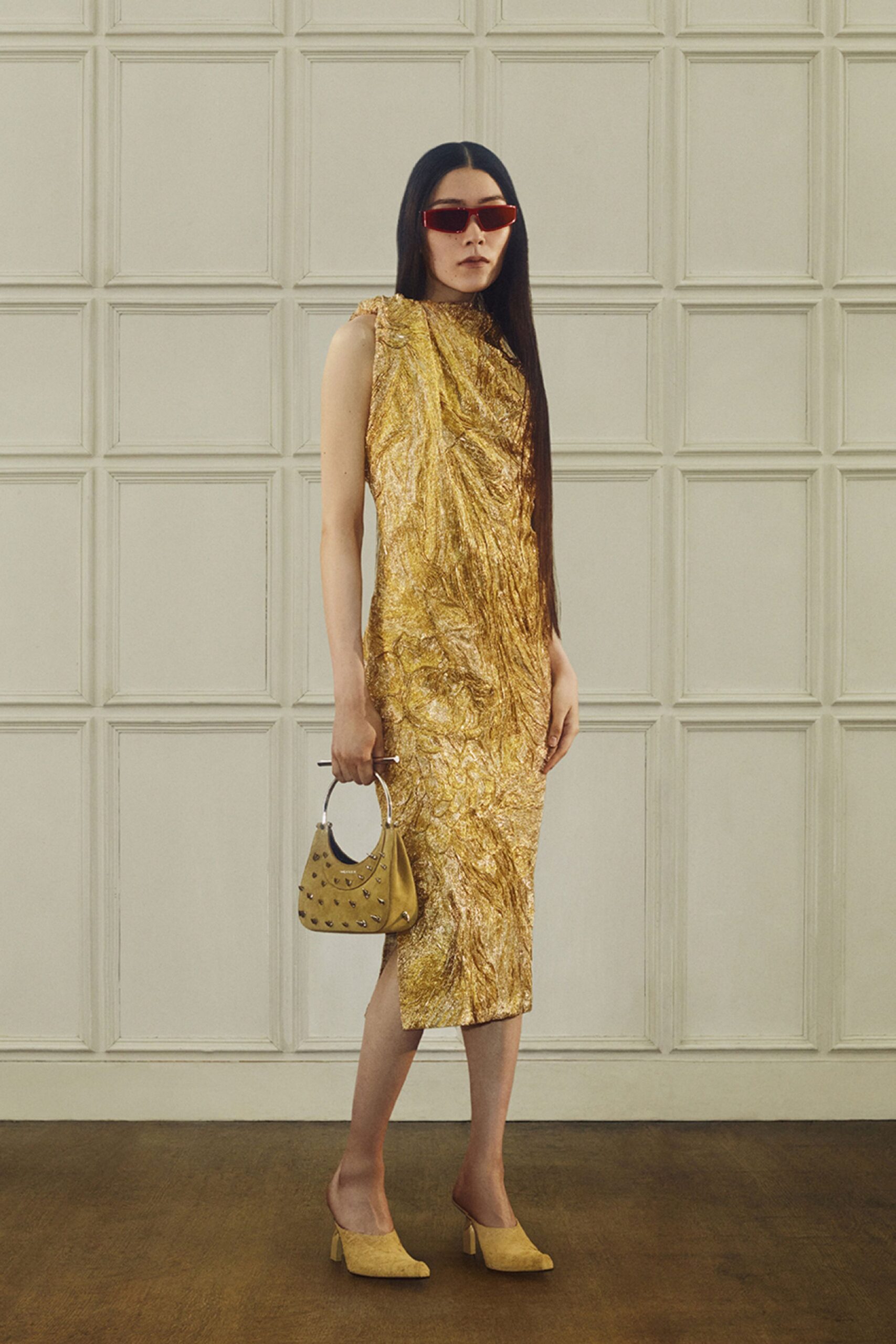 gold draped midi dress