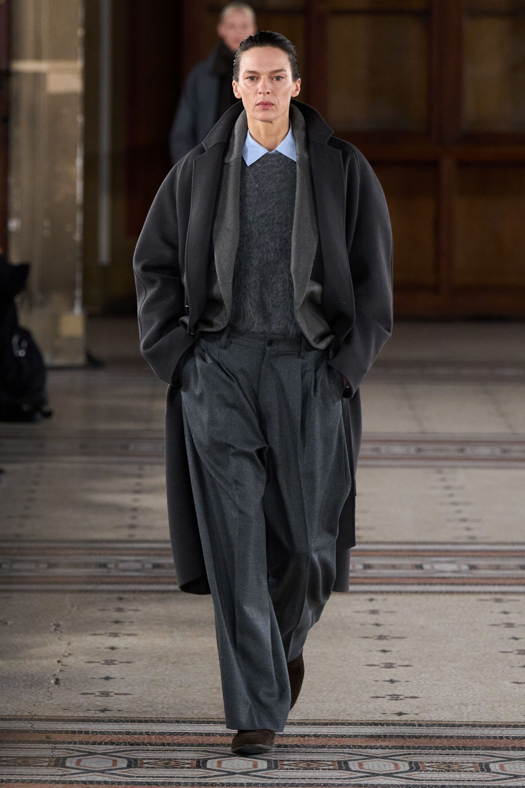gray wool relaxed high-waisted pleated pants