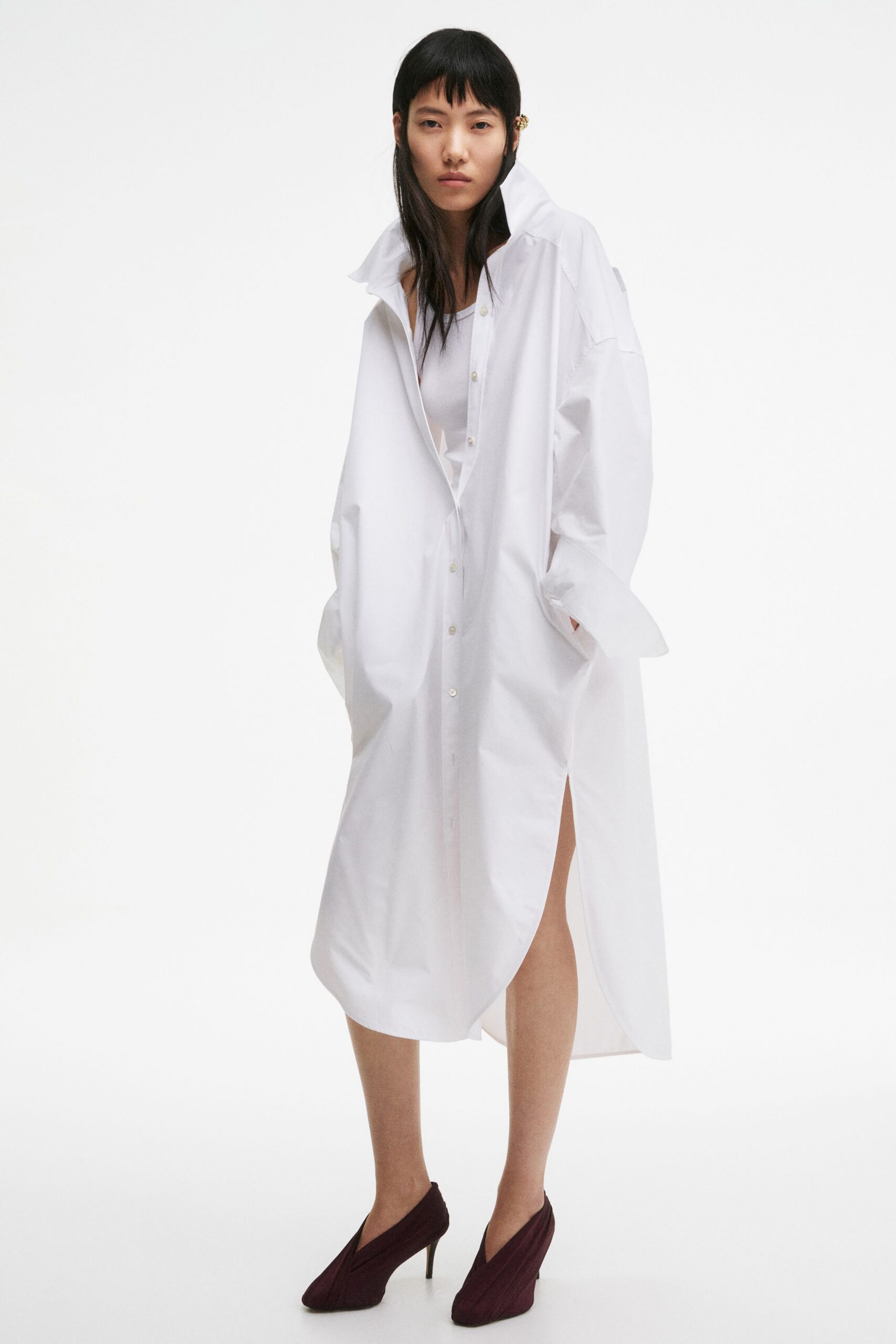 white cotton long-sleeve collared relaxed buttoned midi shirt-dress