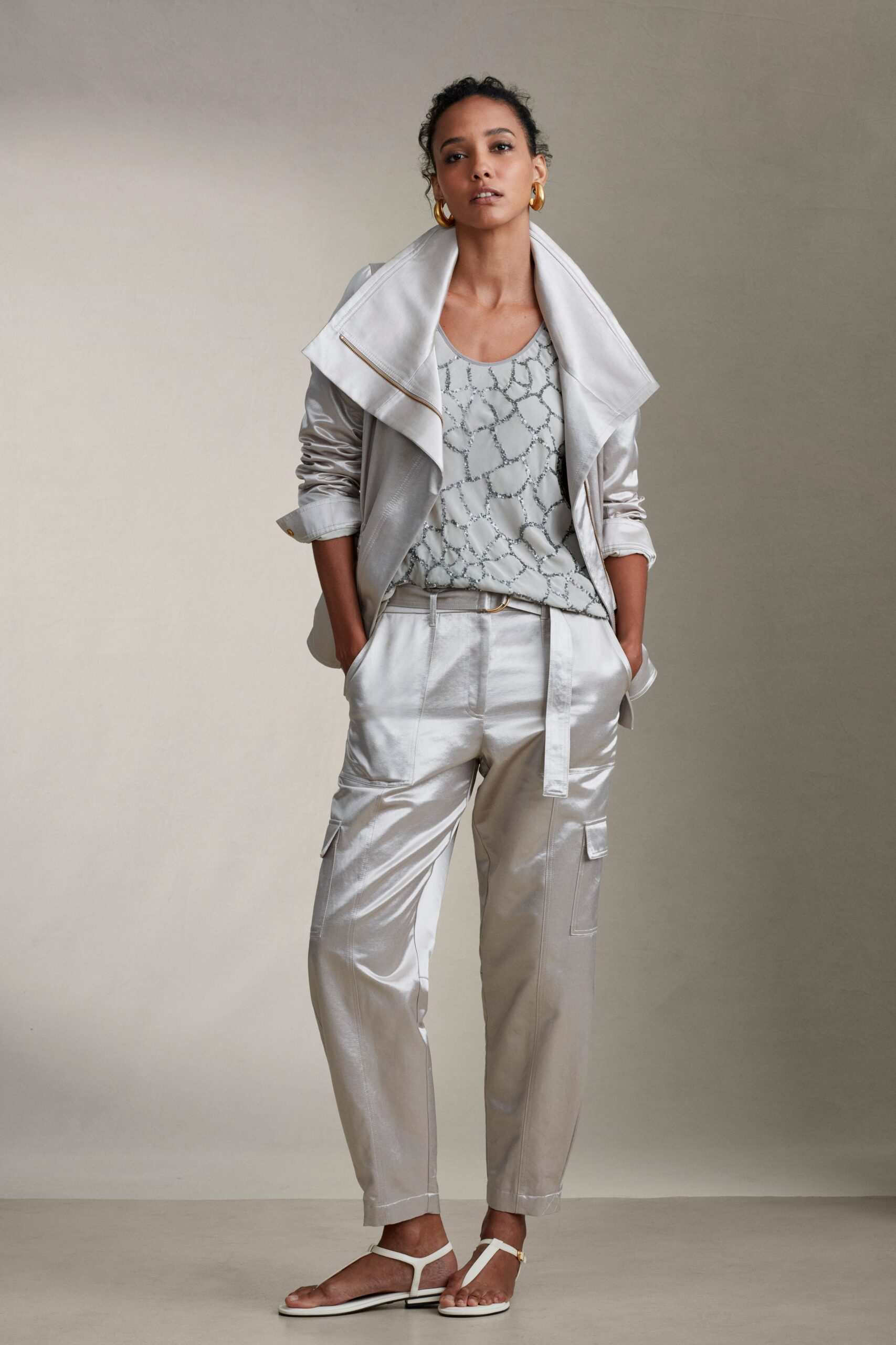 gray satin long-sleeve collared relaxed zippered shiny jacket