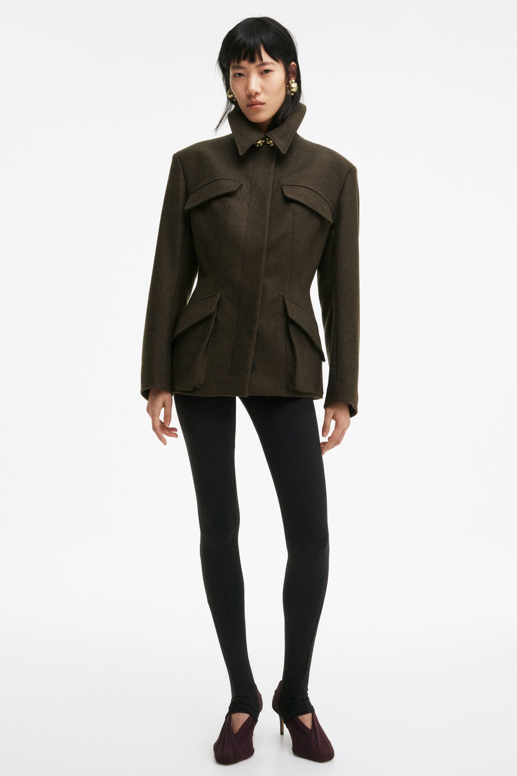brown wool long-sleeve collared structured buttoned pockets jacket