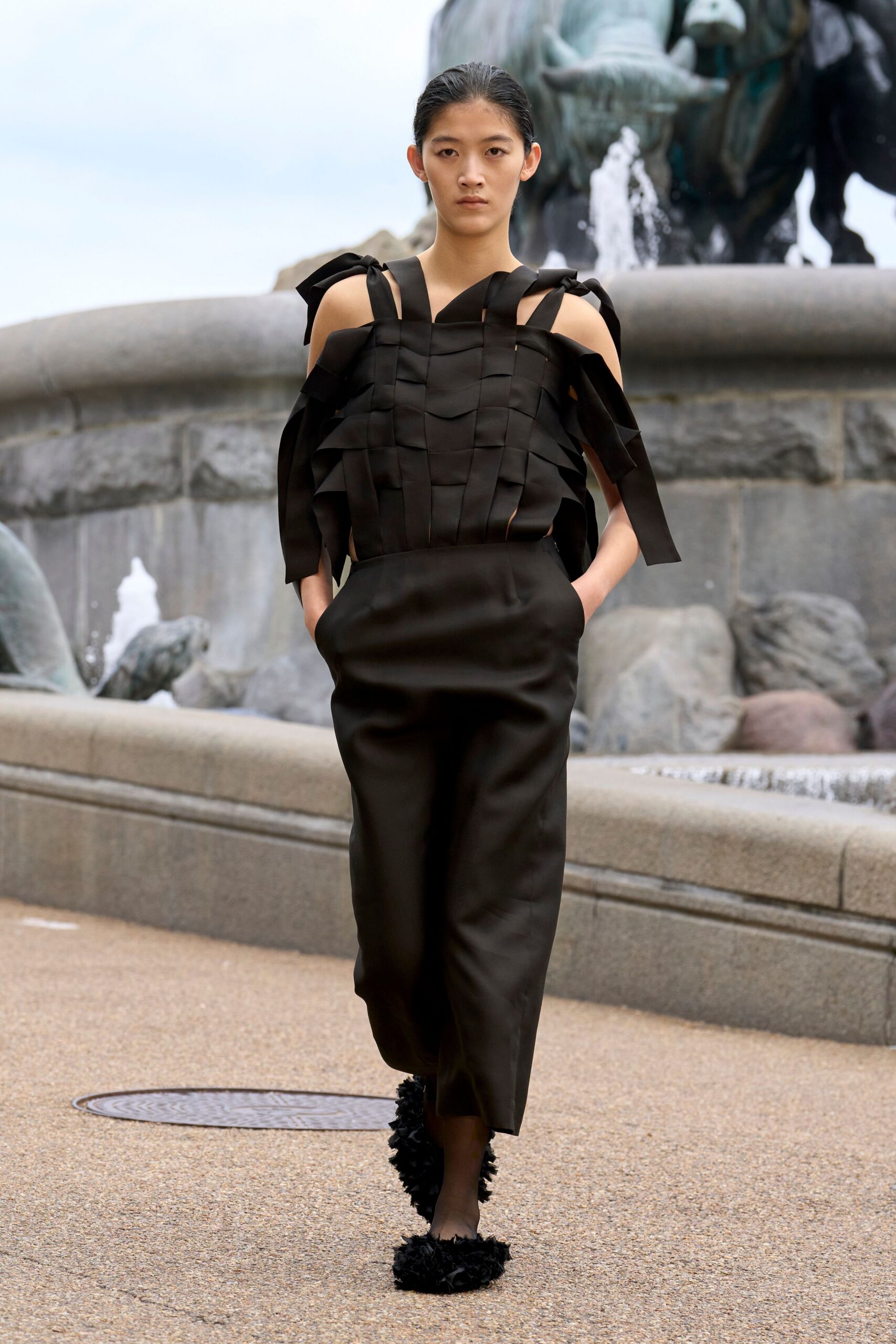 black pleated off-shoulder dress