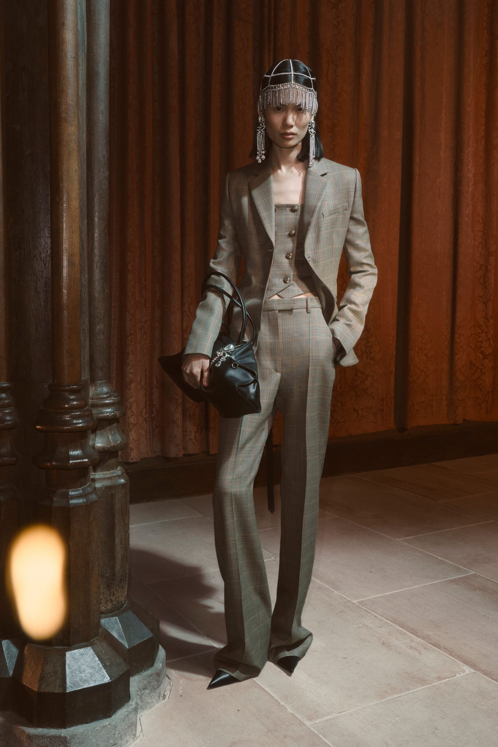 brown gray tailored suit with hat