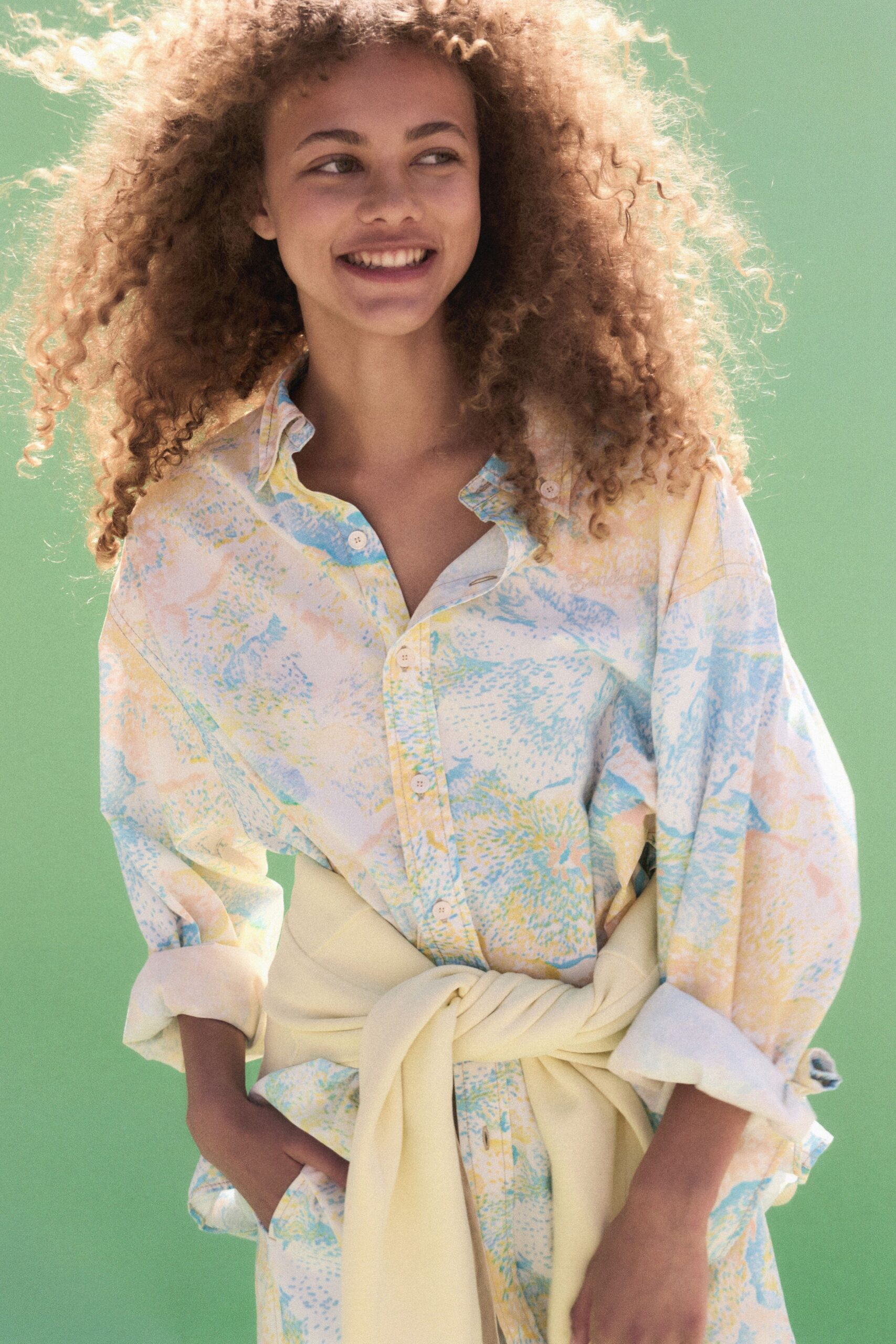 yellow cotton long-sleeve collared relaxed printed midi shirt-dress