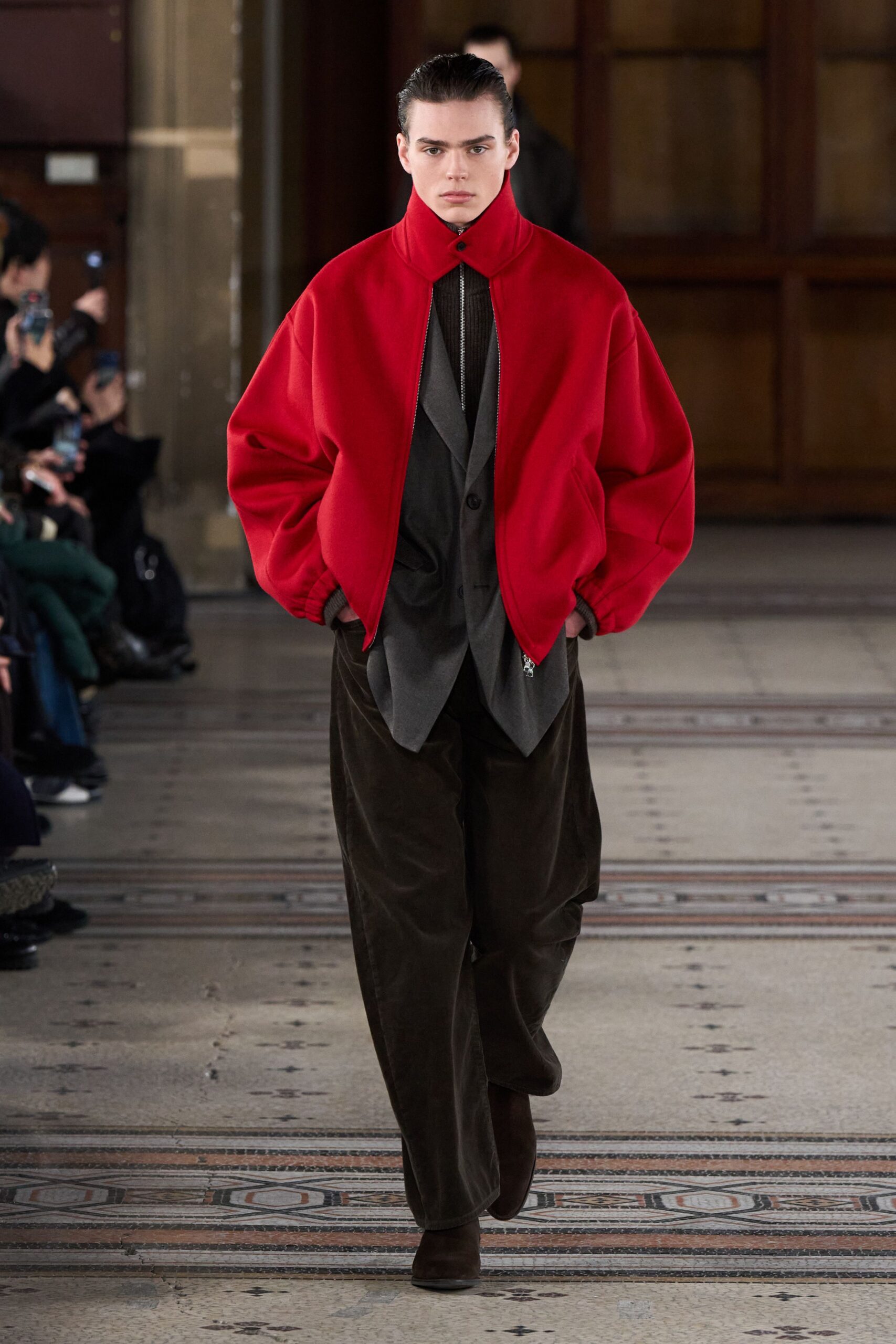 red wool long-sleeve collared oversized jacket