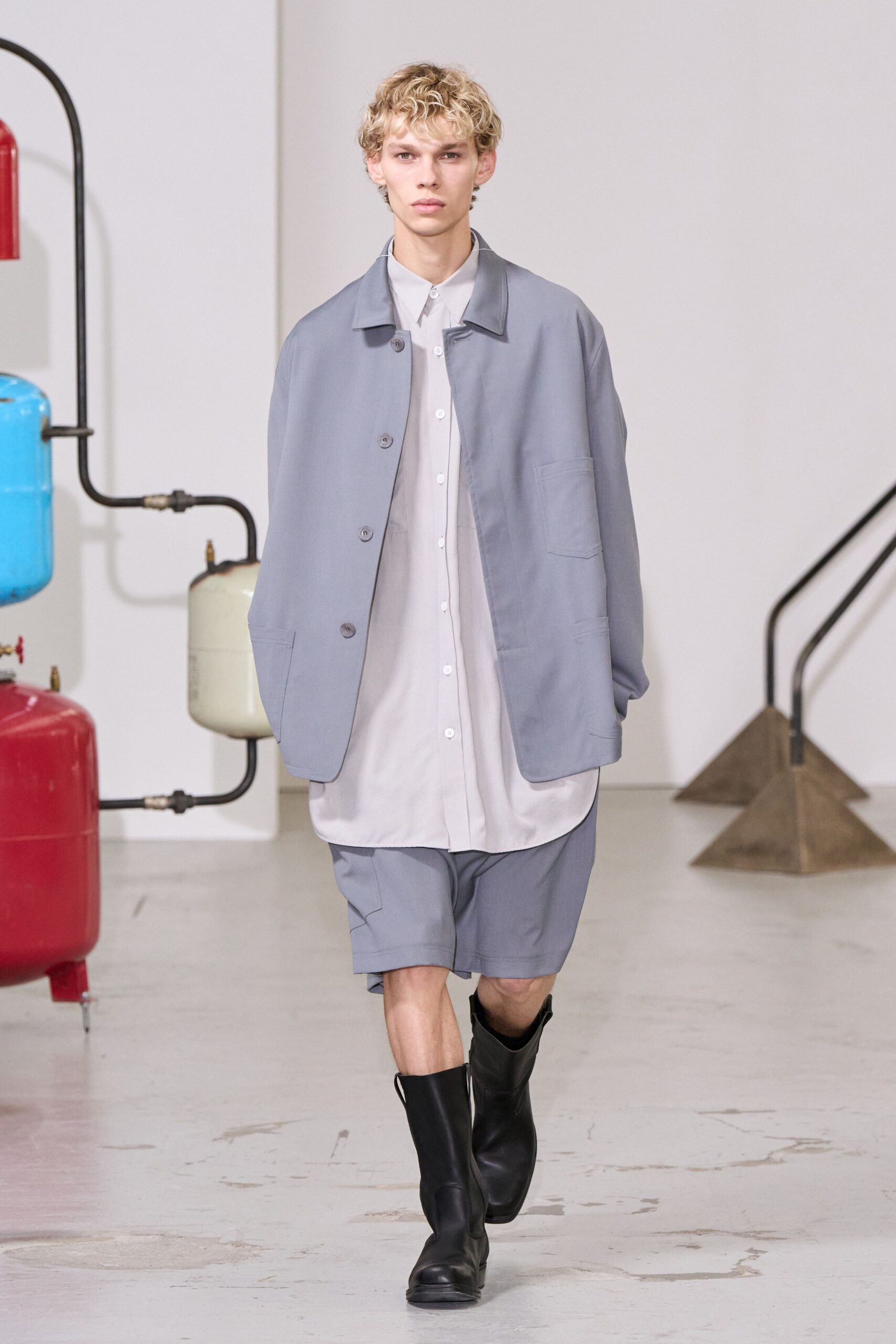 gray relaxed jacket with white shirt