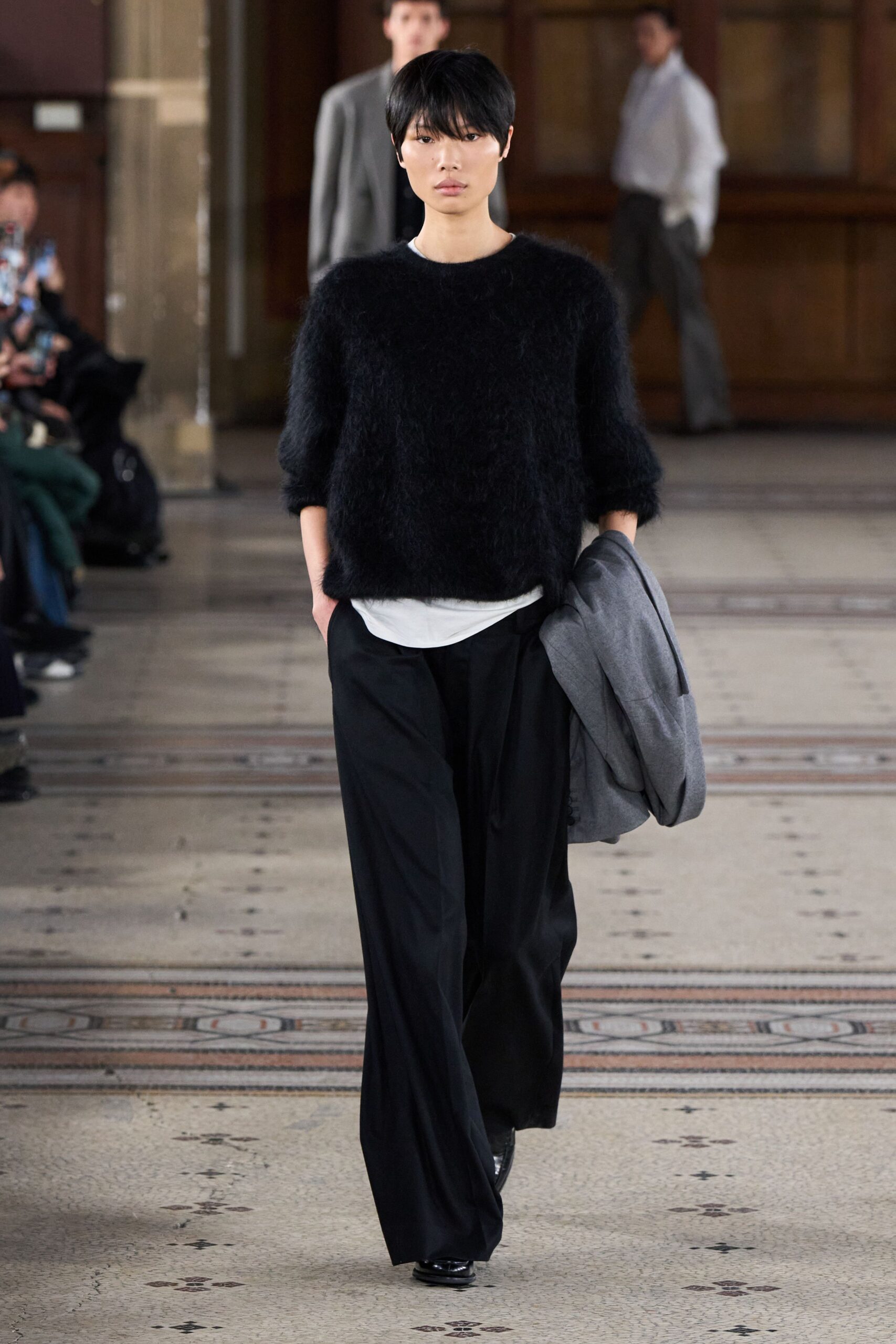 black wool relaxed sweater with gray jacket