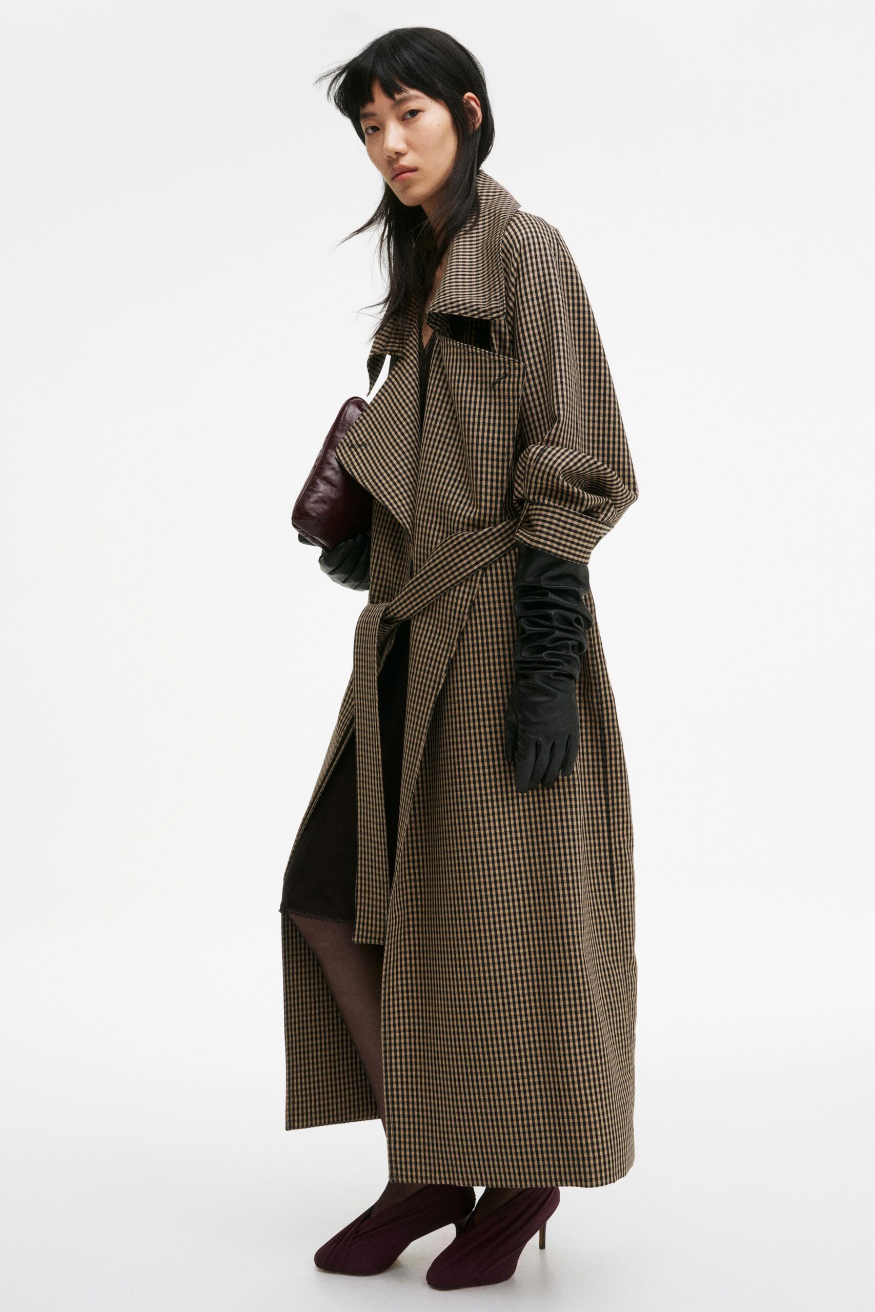 brown cotton long-sleeve collared relaxed checked belted trench