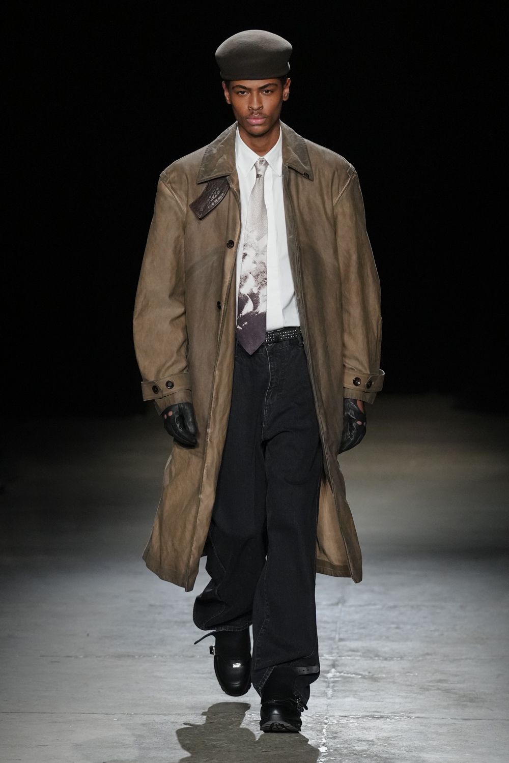 brown leather long-sleeve collared relaxed buttoned maxi coat