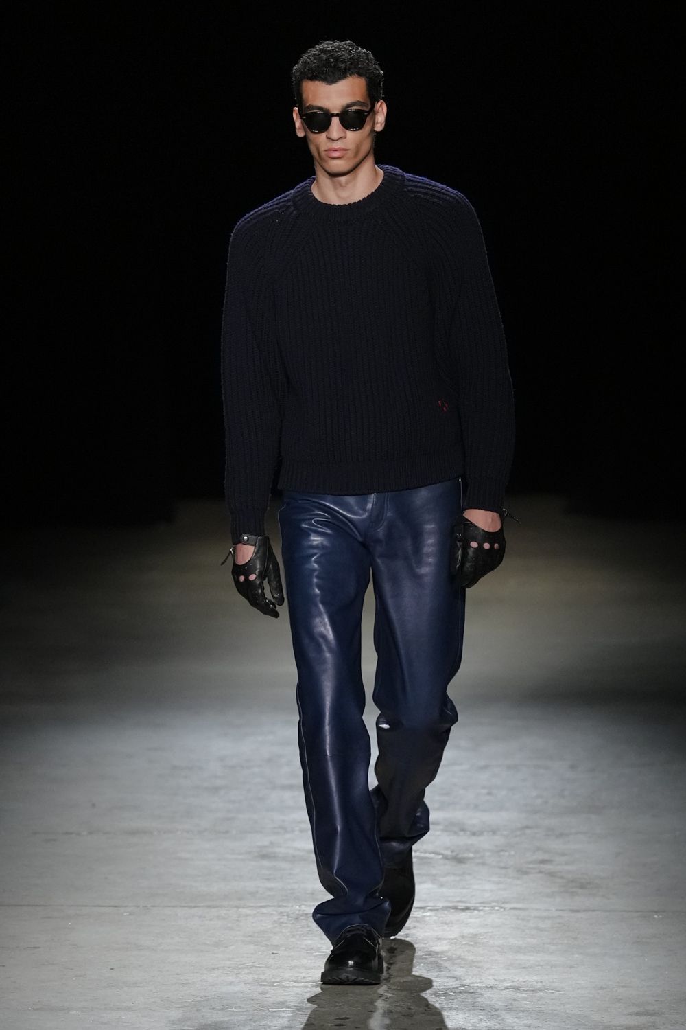 blue leather slim straight-leg pants