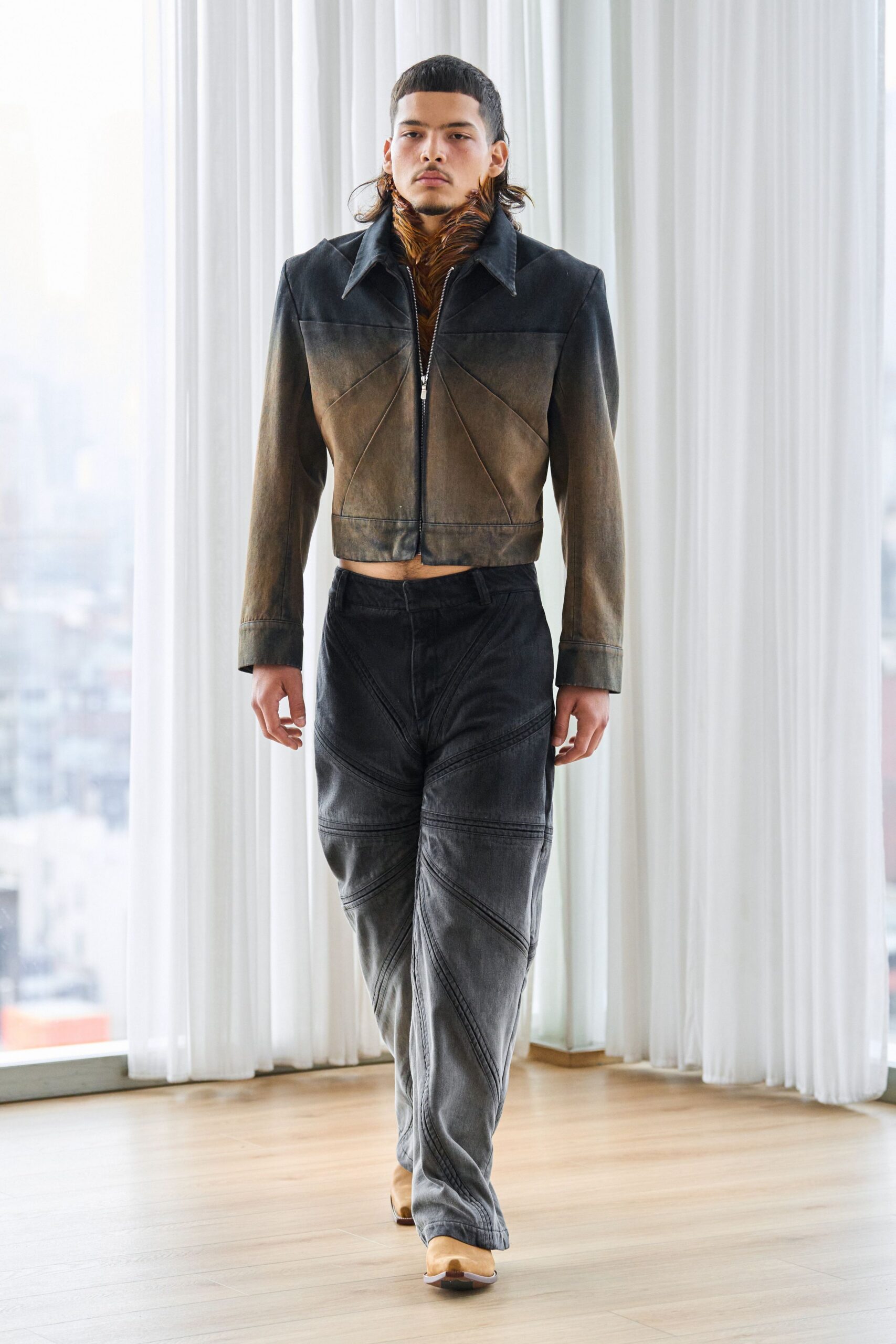 black denim long-sleeve collared fitted zippered color-blocked jacket