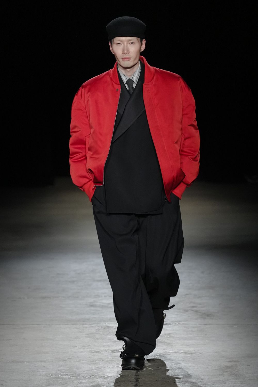 red oversized jacket with black outfit