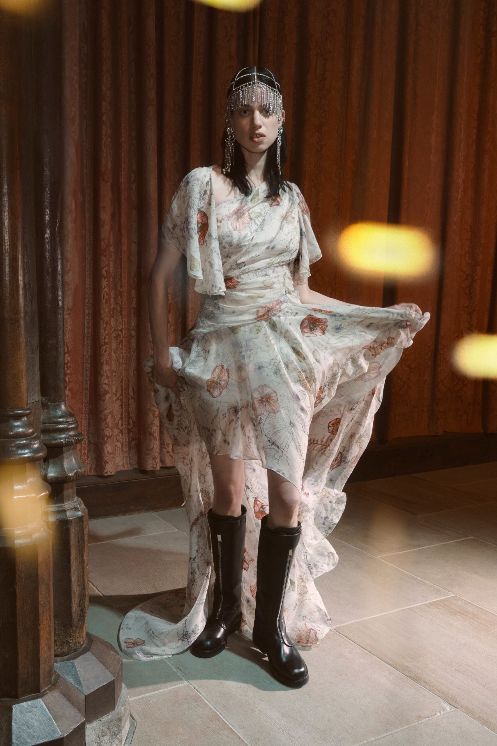 white floral chiffon gown with black boots