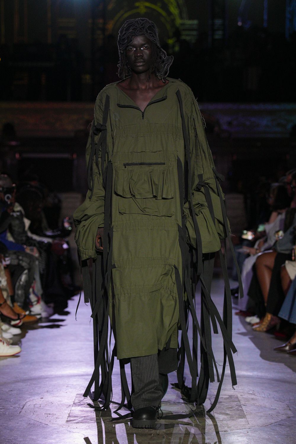 green cotton long-sleeve collared relaxed draped pockets dress