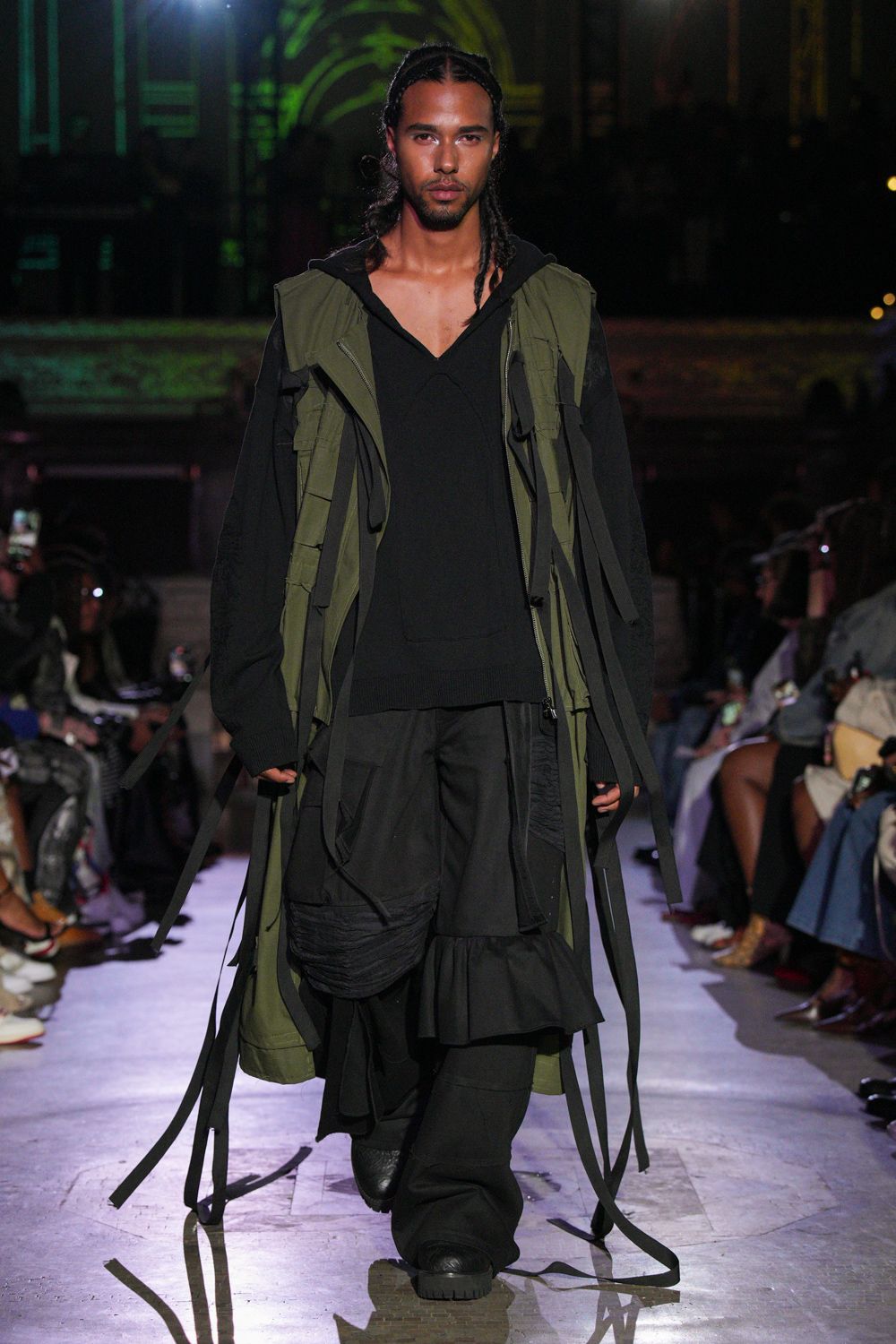 green cotton long-sleeve v-neck relaxed draped zippered coat