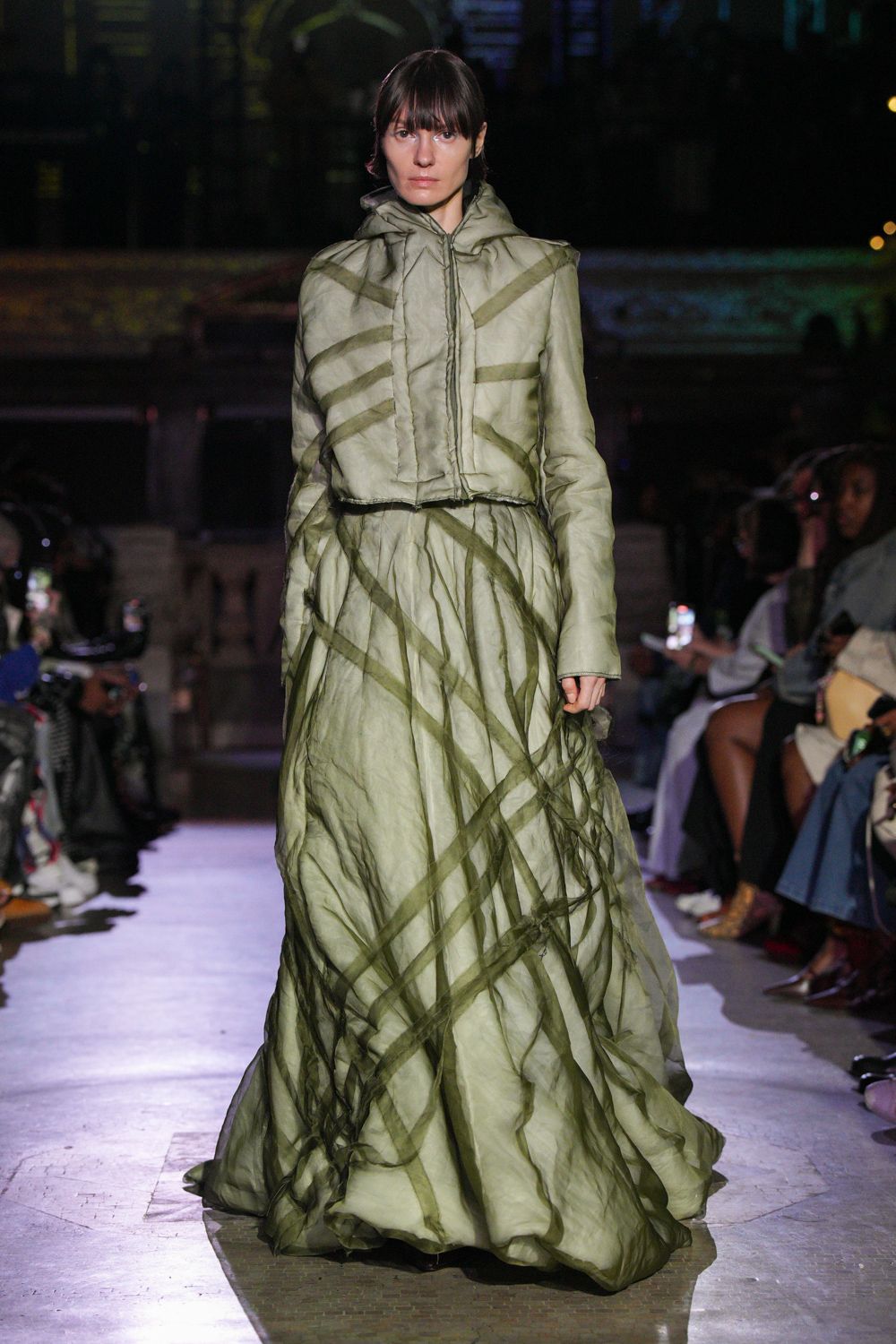 green silk long-sleeve dress