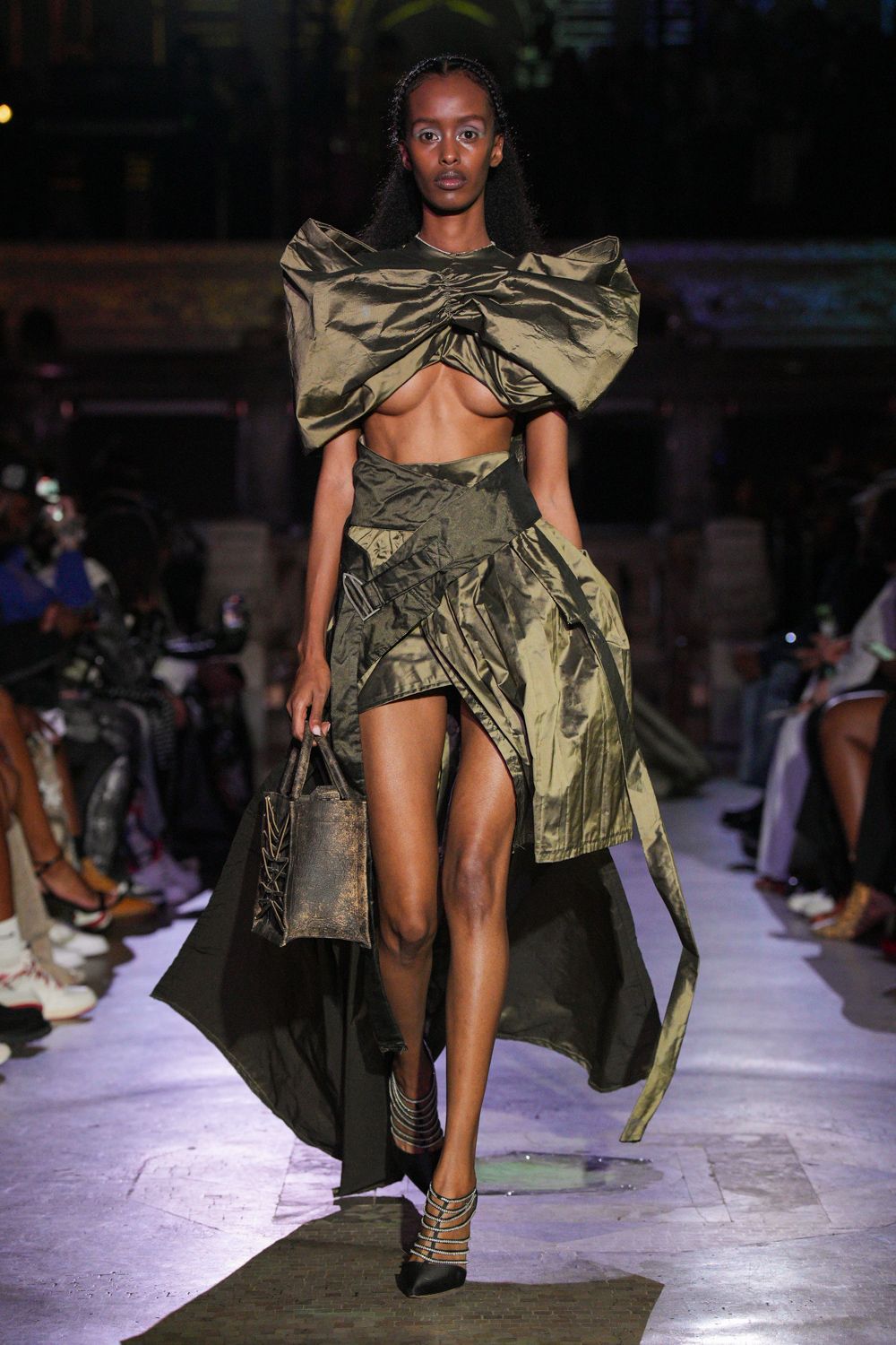 green silk sleeveless v-neck fitted pleated draped dress