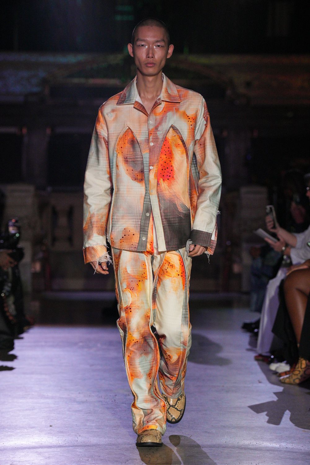 orange cotton relaxed printed pants