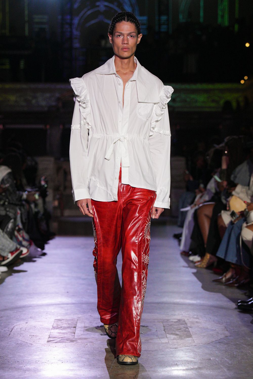 red leather fitted embroidered pants