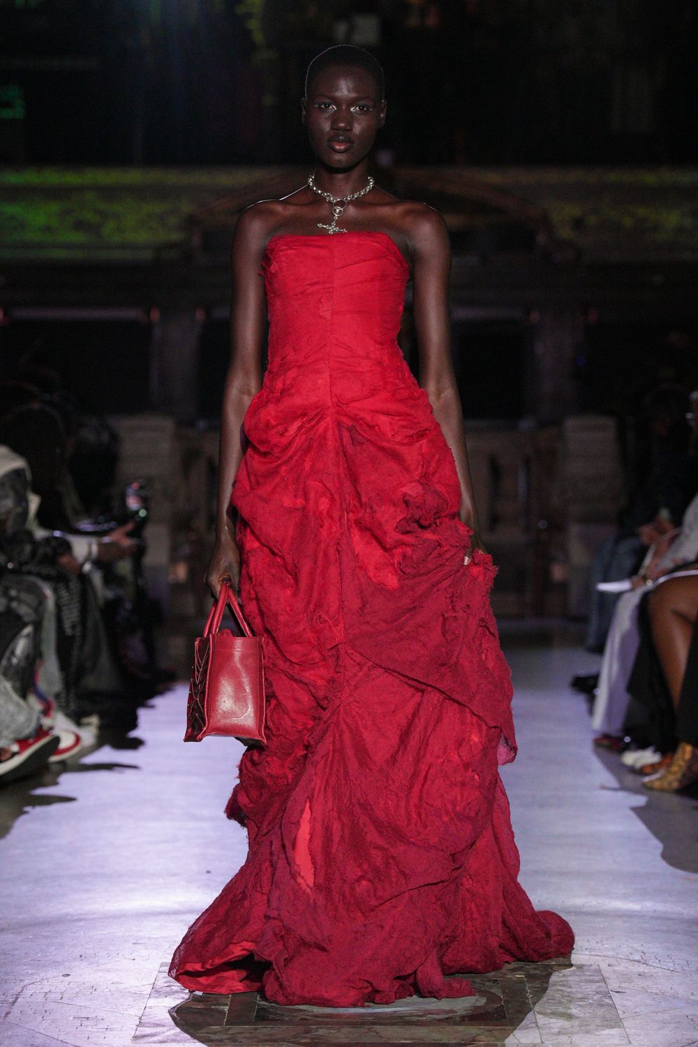 red silk strapless fitted ruffled maxi gown