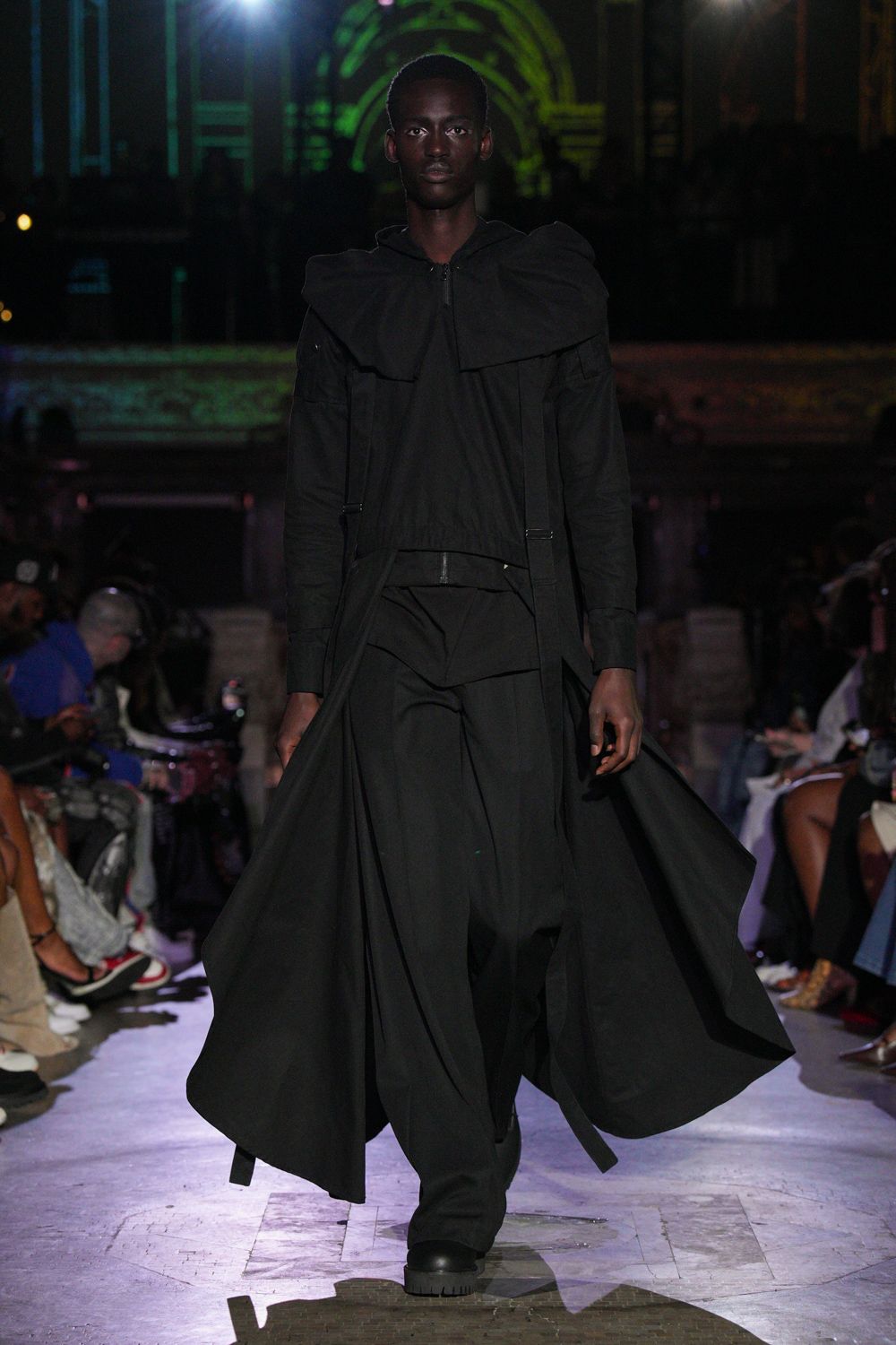 black cotton long-sleeve collared relaxed draped maxi coat