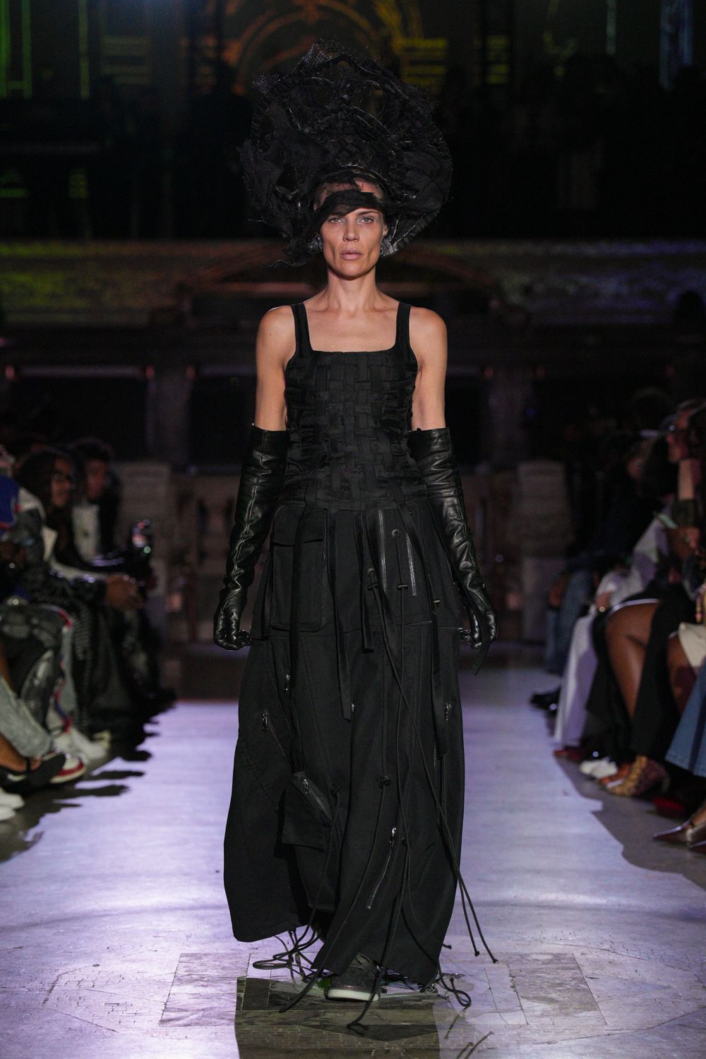 black cotton sleeveless square-neck fitted layered zippered gown