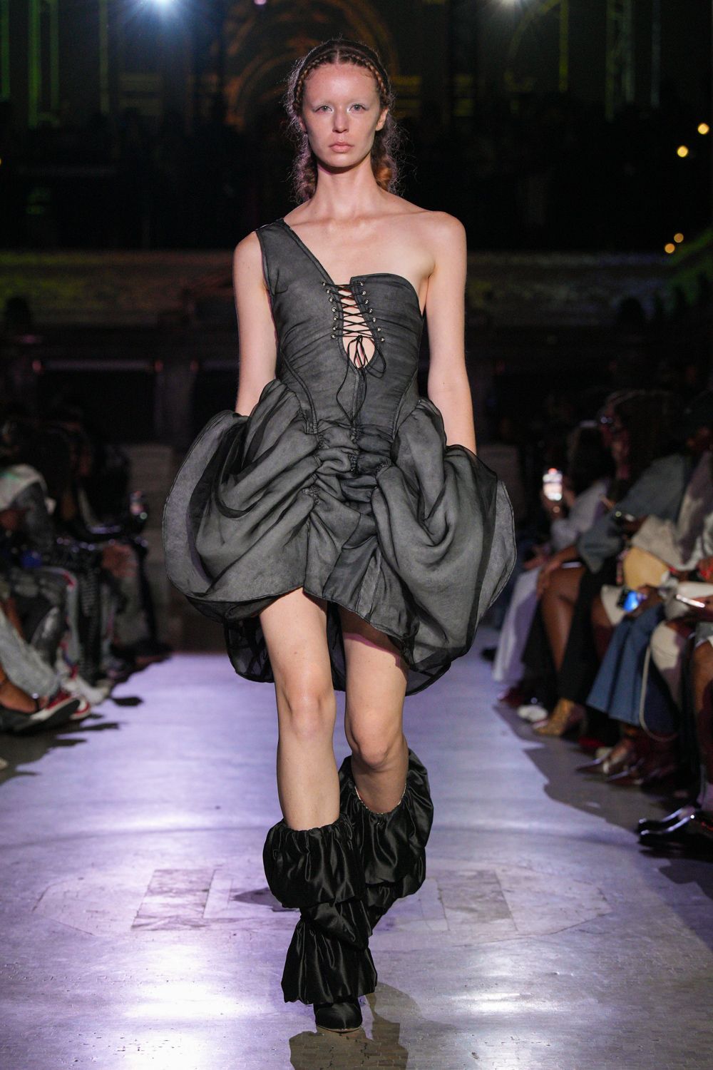 black leather fitted ruffled boots