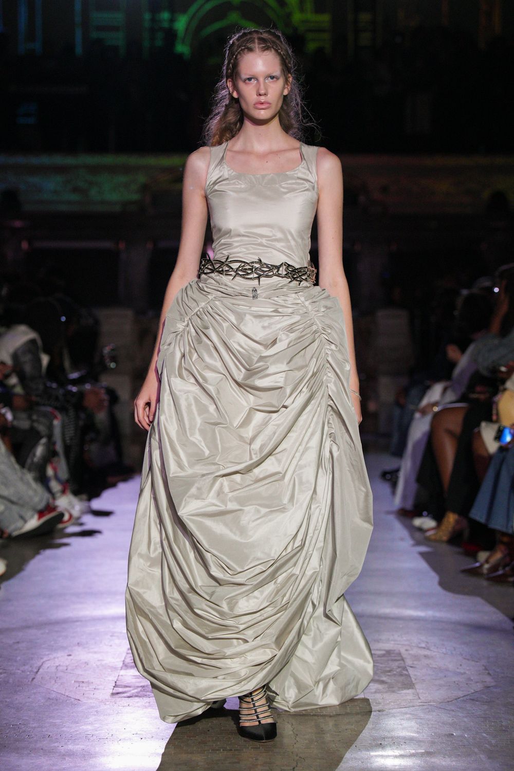 beige silk sleeveless v-neck fitted draped pleated gown