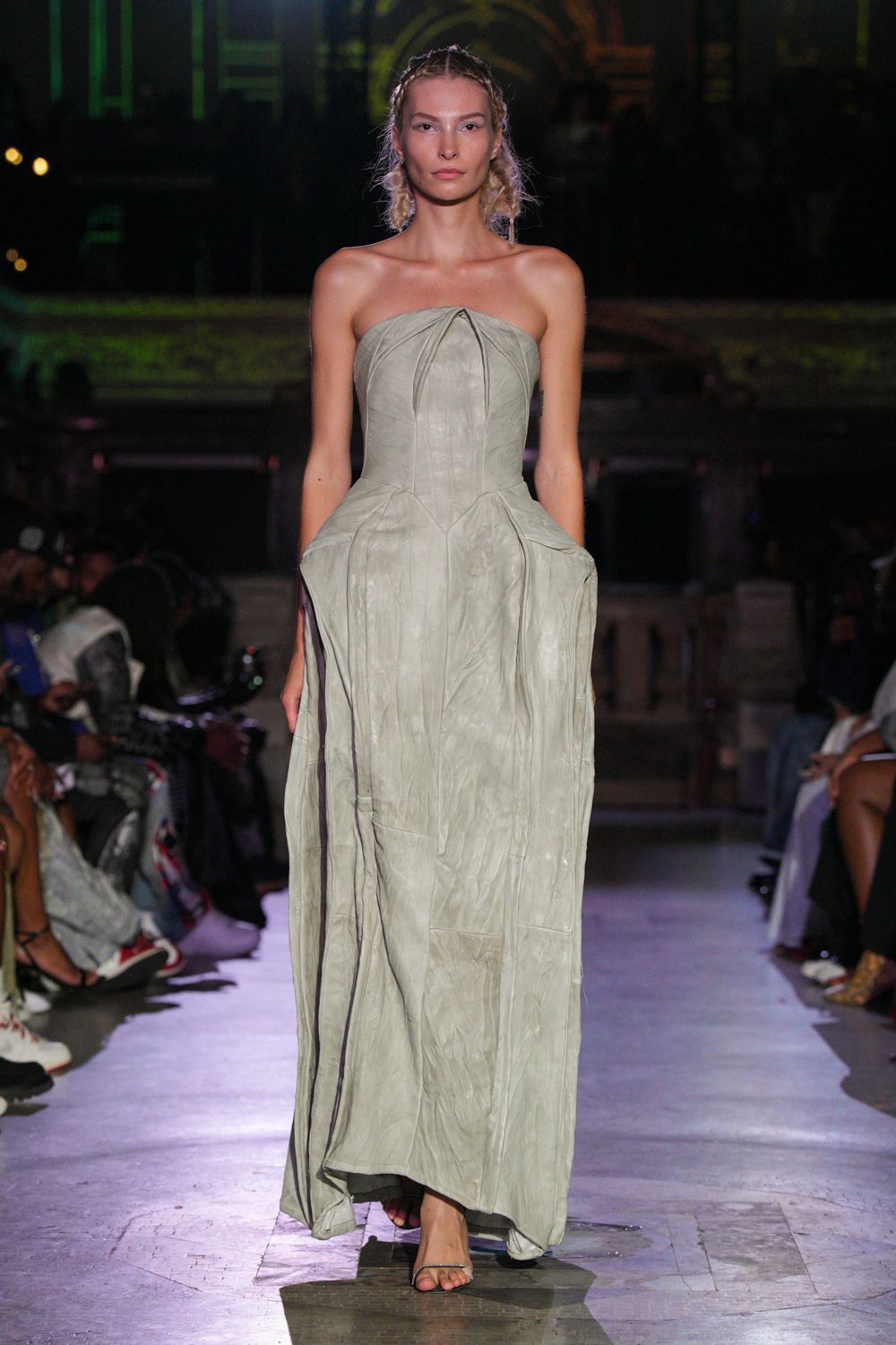 gray silk strapless fitted pleated maxi gown