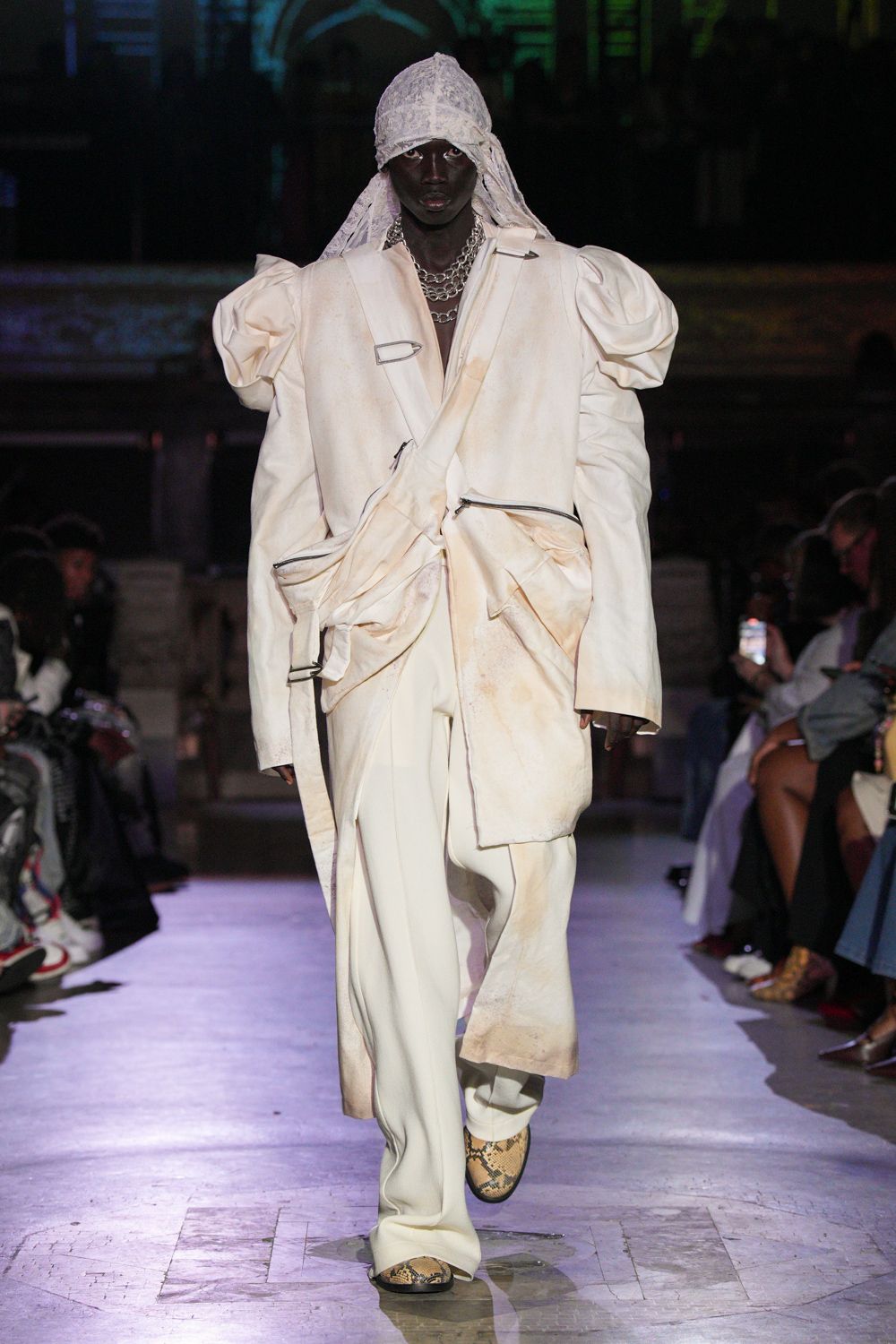 white cotton long-sleeve collared oversized draped buttoned coat