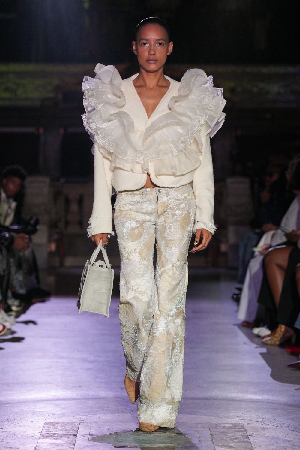 white cotton long-sleeve collared fitted ruffled jacket