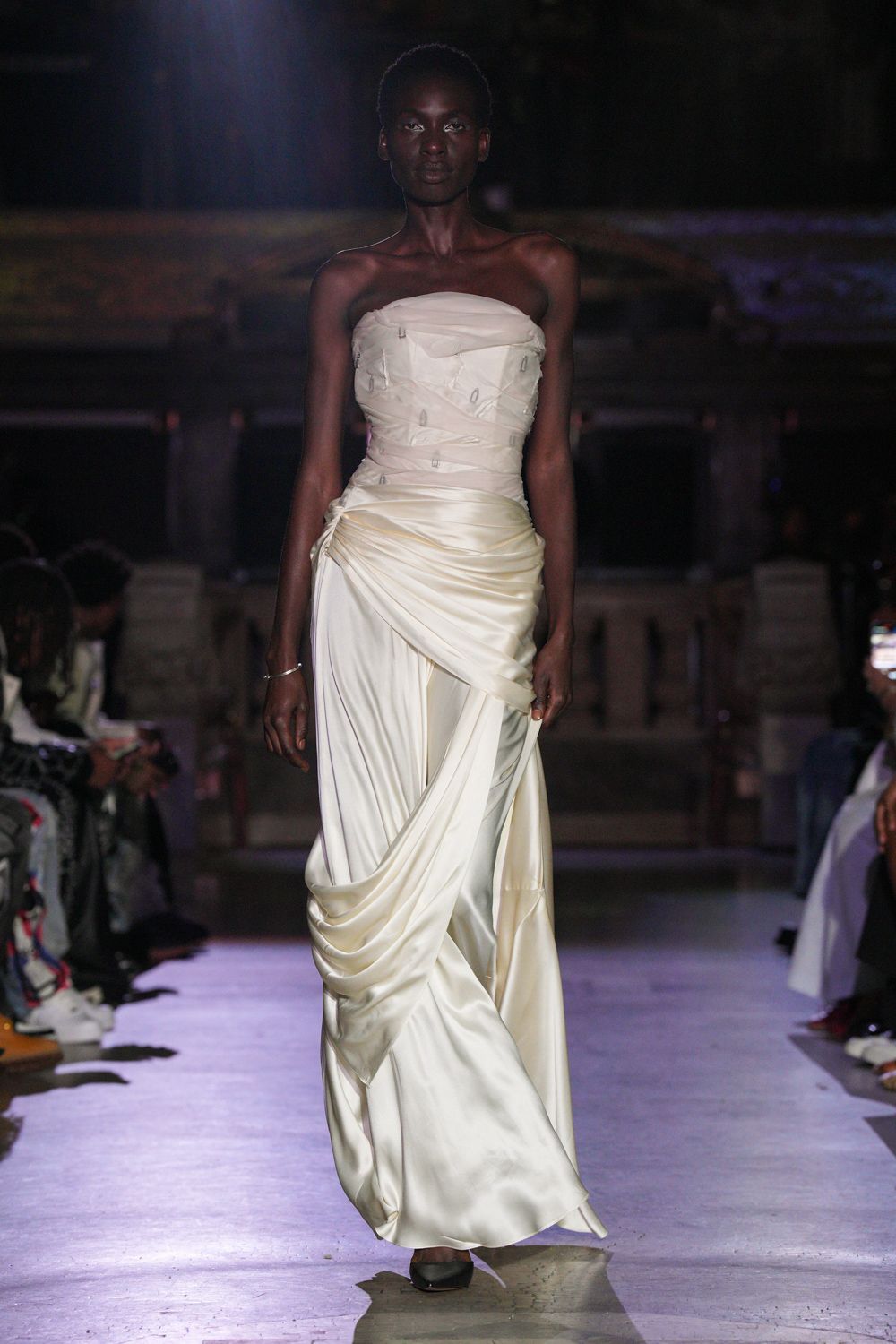 ivory silk strapless fitted draped flowing maxi gown