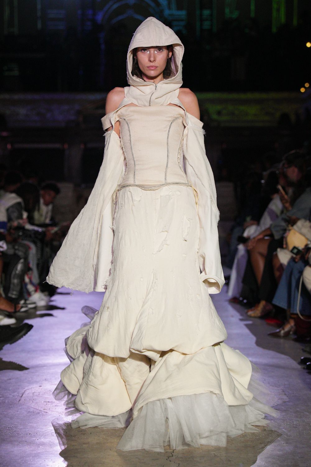 white cotton sleeveless off-shoulder fitted layered draped gown