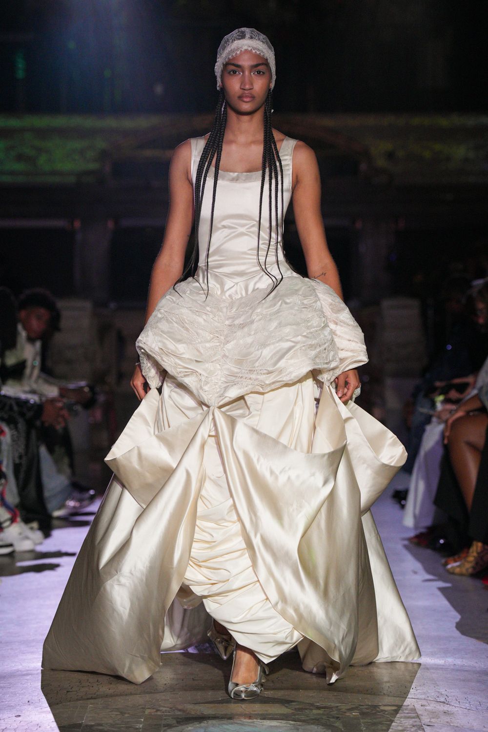 ivory silk sleeveless v-neck fitted pleated draped gown