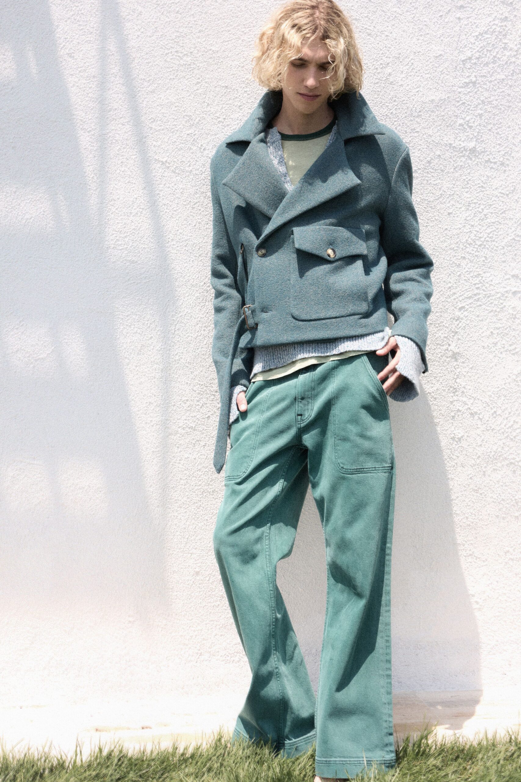 teal wool long-sleeve collared structured jacket
