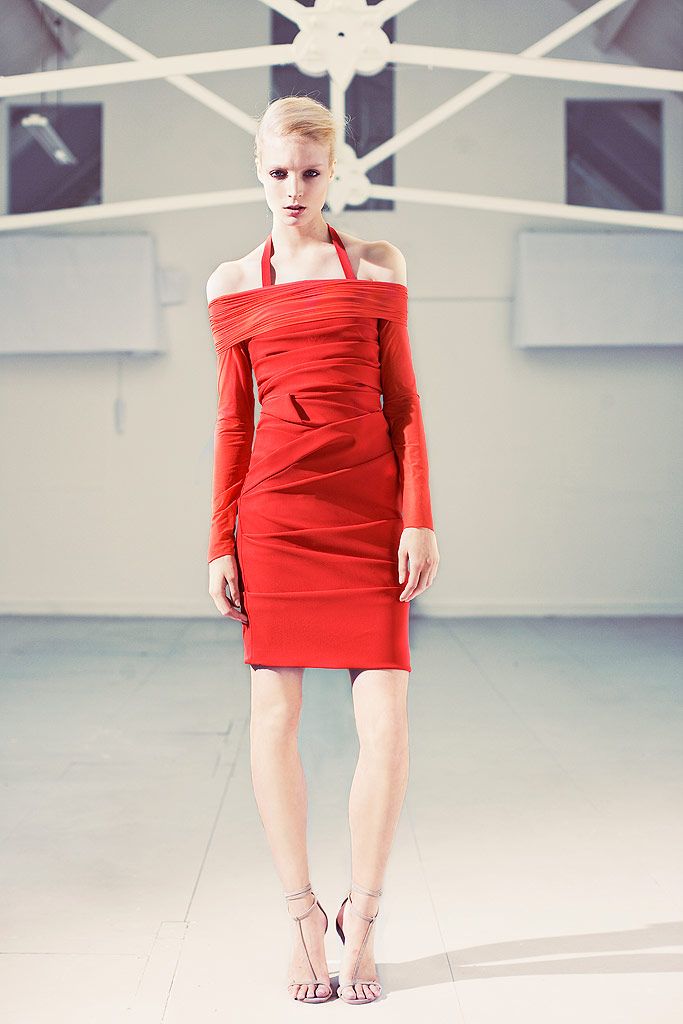 red unknown off-shoulder long-sleeve fitted ruched draped mini-dress