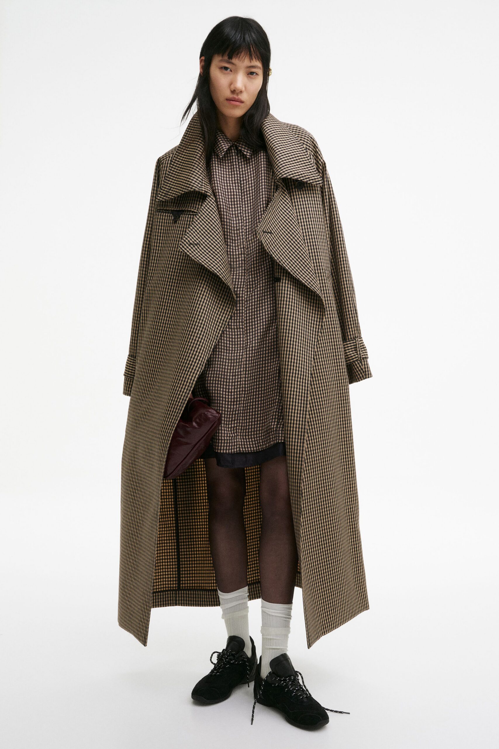 brown wool long-sleeve collared oversized checked maxi coat