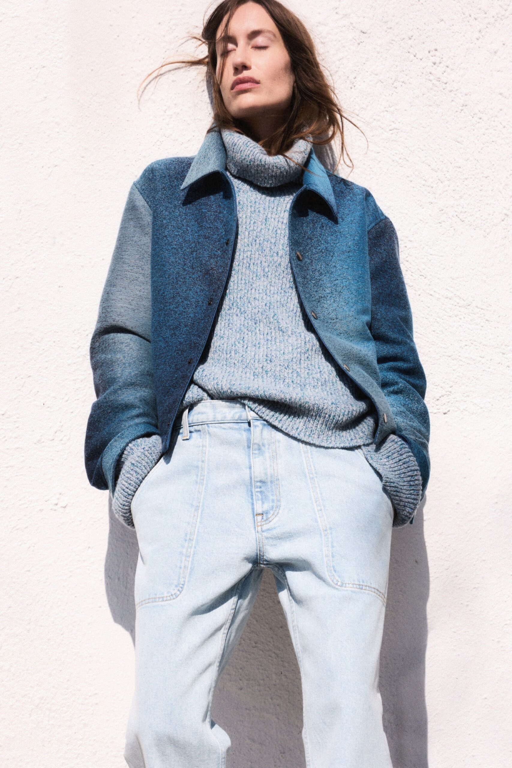 blue wool long-sleeve collared relaxed color-blocked jacket